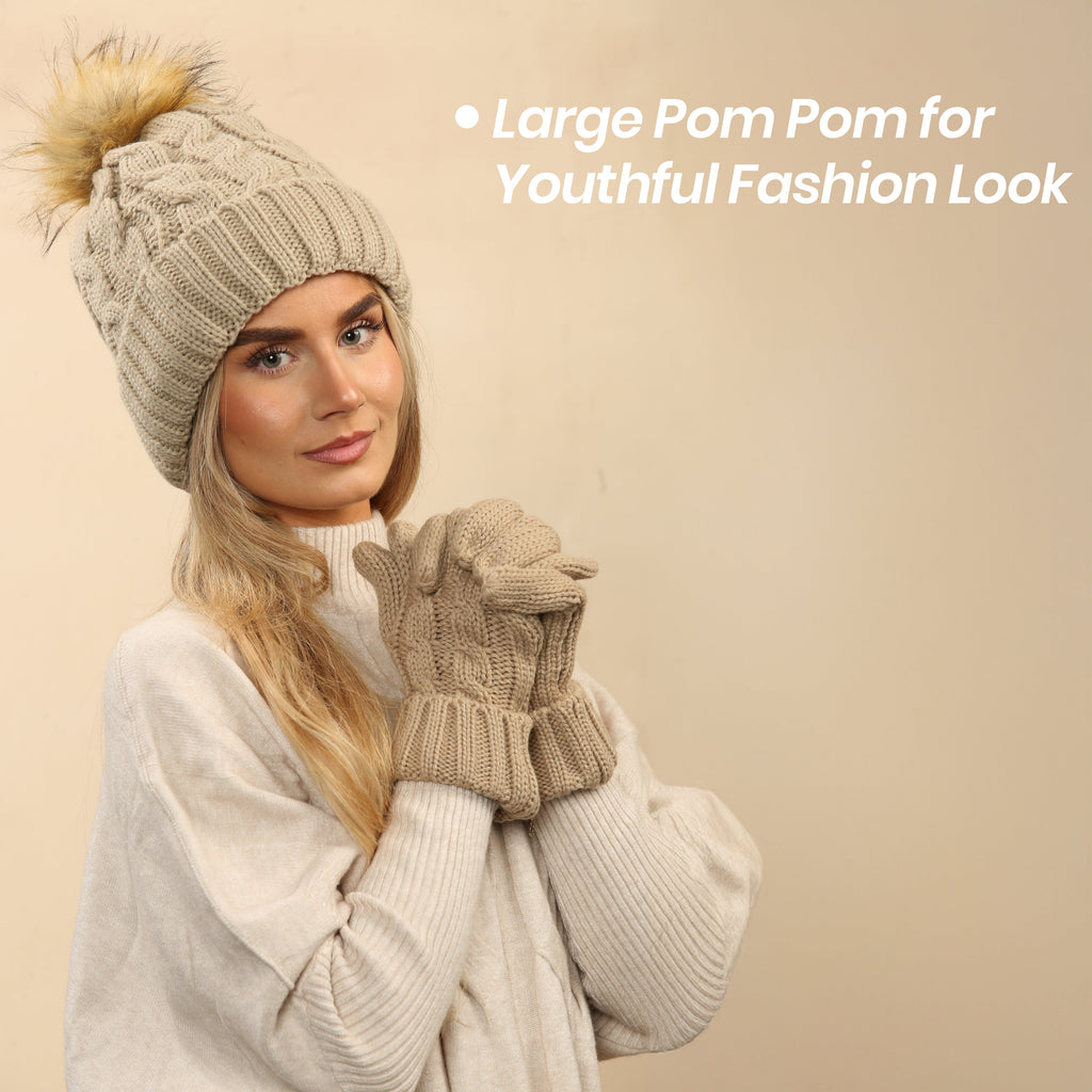 Women's Cream Chunky Knit Winter Hat & Gloves Set Faux Fur Pom Pom Warm & Stylish Beanie for Ladies