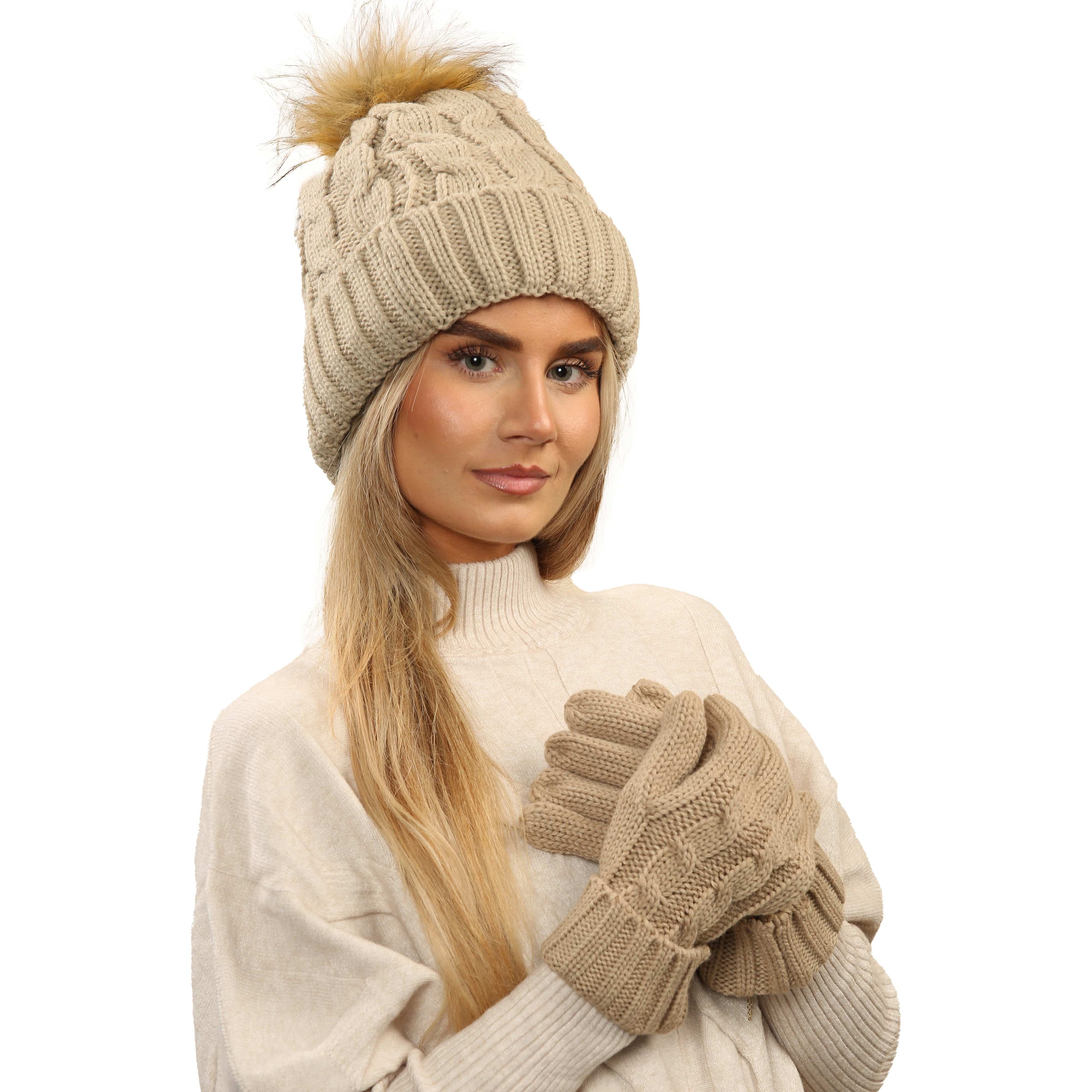 Women's Cream Chunky Knit Winter Hat & Gloves Set Faux Fur Pom Pom Warm & Stylish Beanie for Ladies