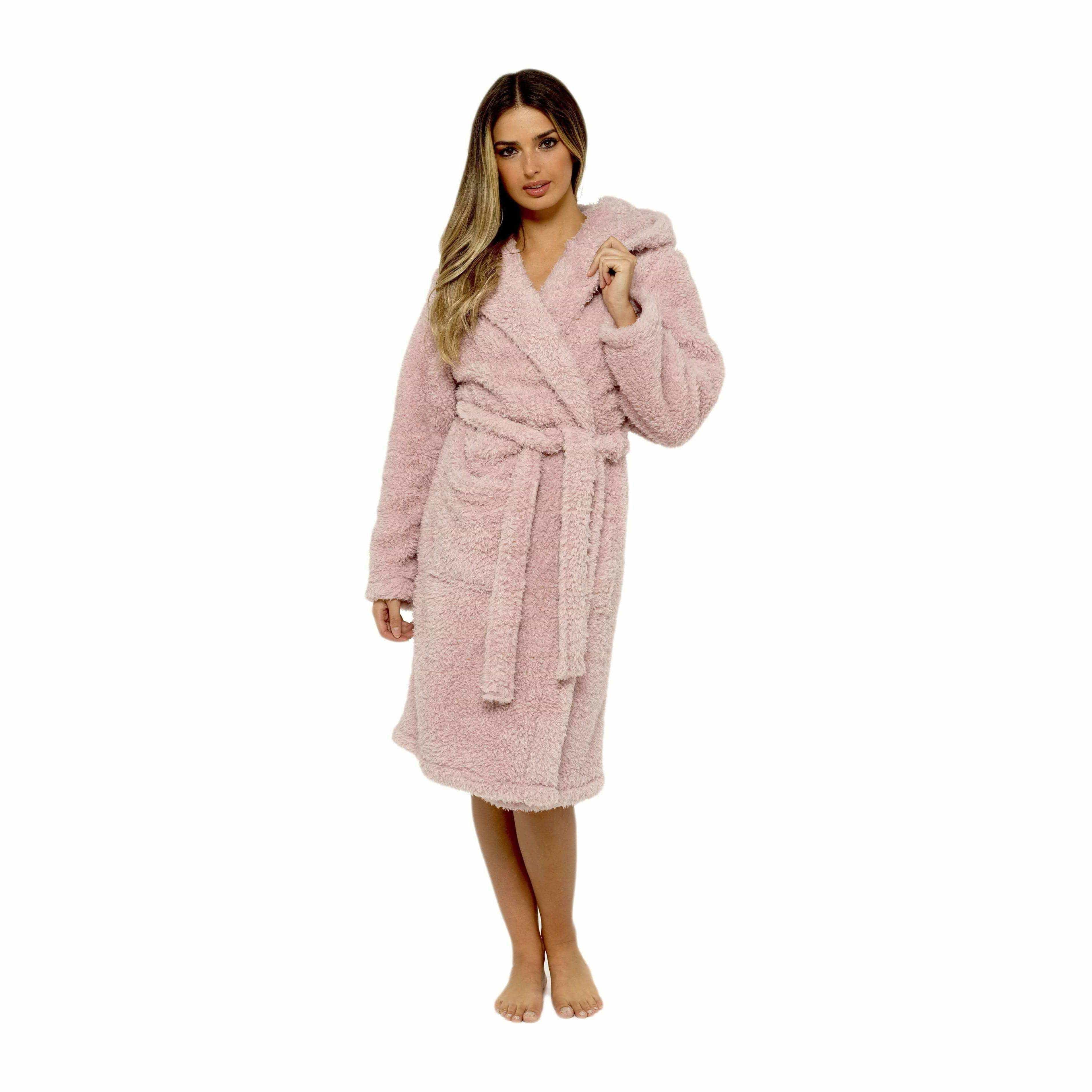 Women's Dusky Pink Teddy Fleece Hooded Robe Ultra Soft Cozy Bathrobe Winter Loungewear Pajamas for Ladies