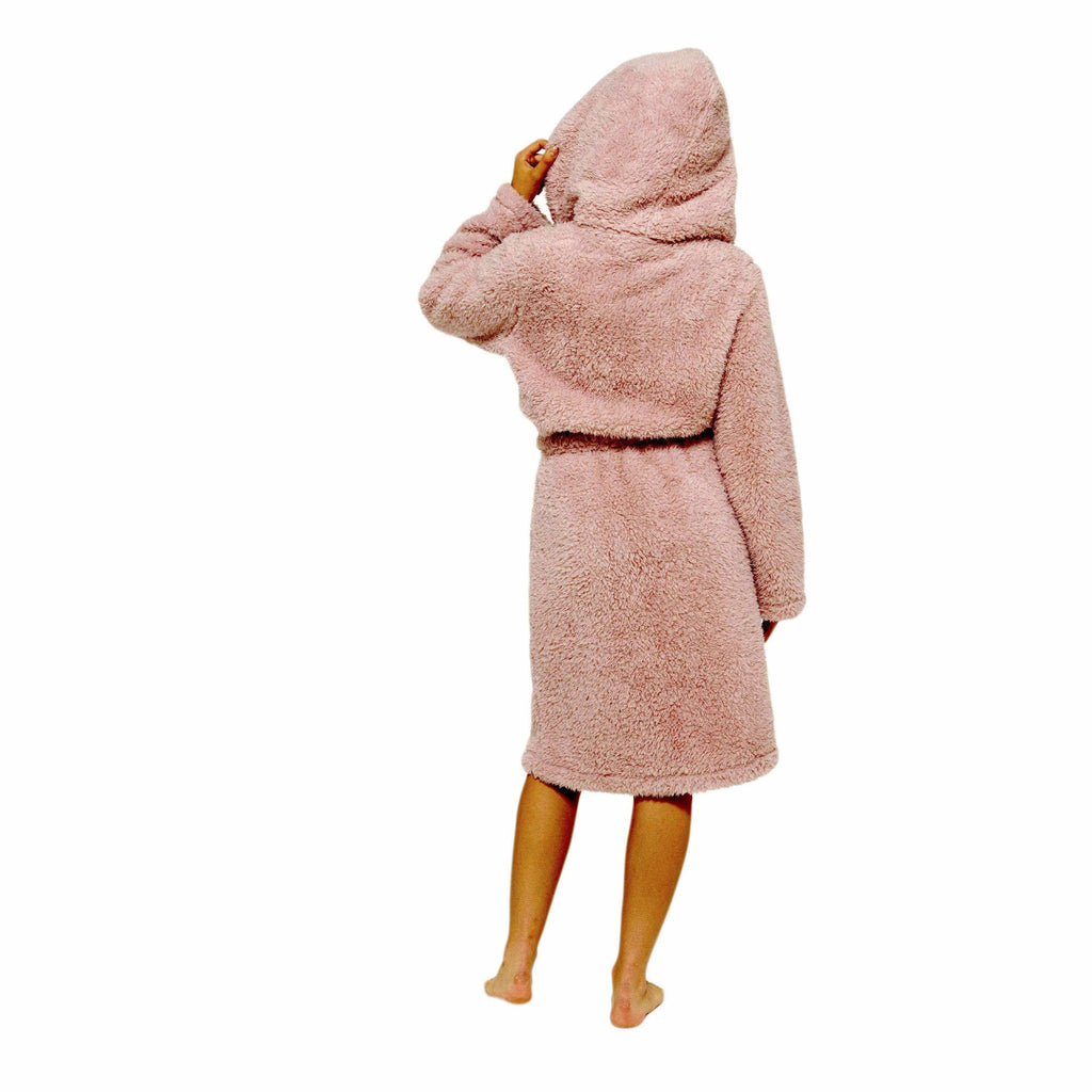 Women's Dusky Pink Teddy Fleece Hooded Robe Ultra Soft Cozy Bathrobe Winter Loungewear Pajamas for Ladies