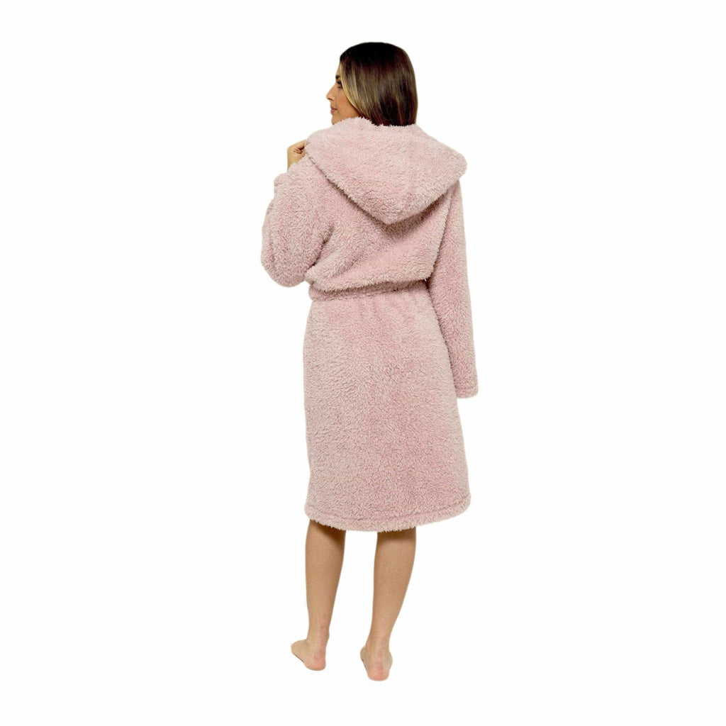 Women's Dusky Pink Teddy Fleece Hooded Robe Ultra Soft Cozy Bathrobe Winter Loungewear Pajamas for Ladies