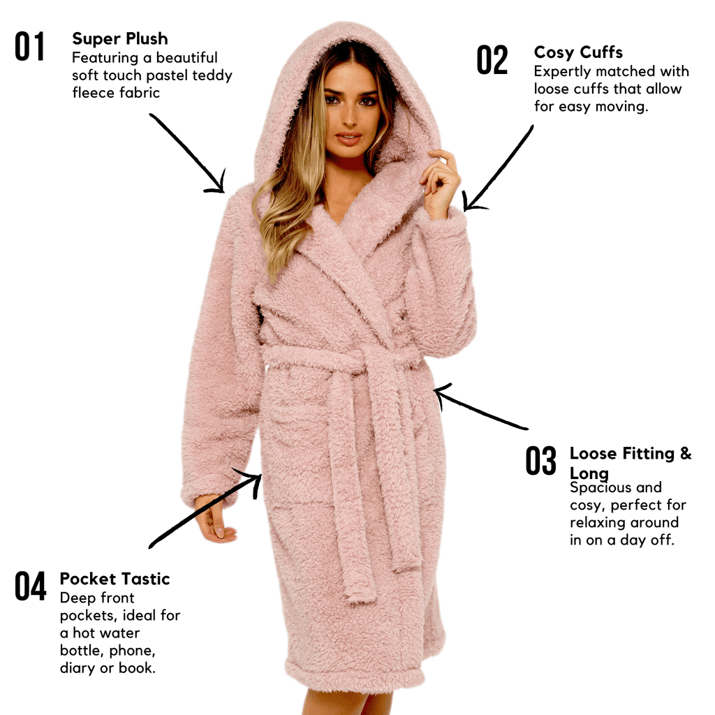 Women's Dusky Pink Teddy Fleece Hooded Robe with Sherpa Lining Ultra-Soft Cosy Dressing Gown for Winter Lounging Various Sizes
