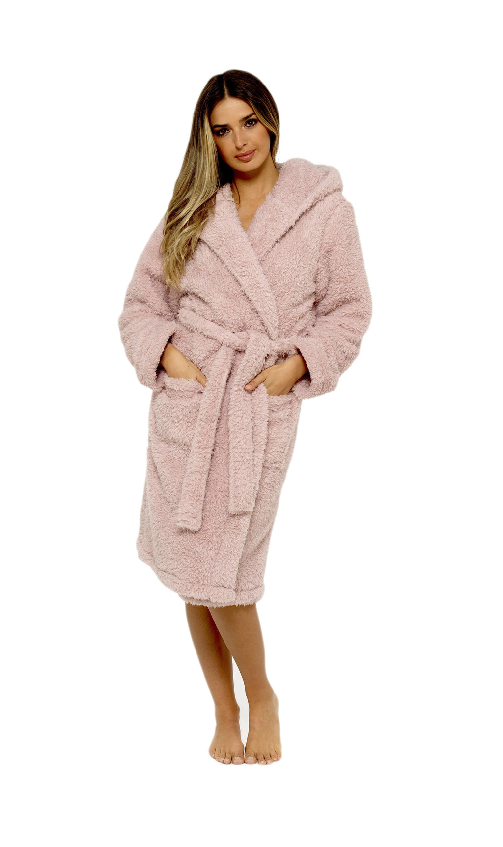 Women's Dusky Pink Teddy Fleece Hooded Robe with Sherpa Lining Ultra-Soft Cosy Dressing Gown for Winter Lounging Various Sizes