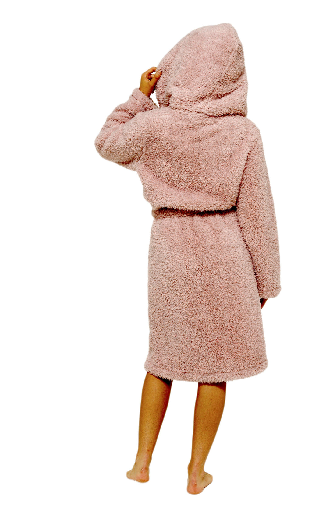 Women's Dusky Pink Teddy Fleece Hooded Robe with Sherpa Lining Ultra-Soft Cosy Dressing Gown for Winter Lounging Various Sizes
