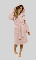 Women's Dusky Pink Teddy Fleece Hooded Robe with Sherpa Lining Ultra-Soft Cosy Dressing Gown for Winter Lounging Various Sizes