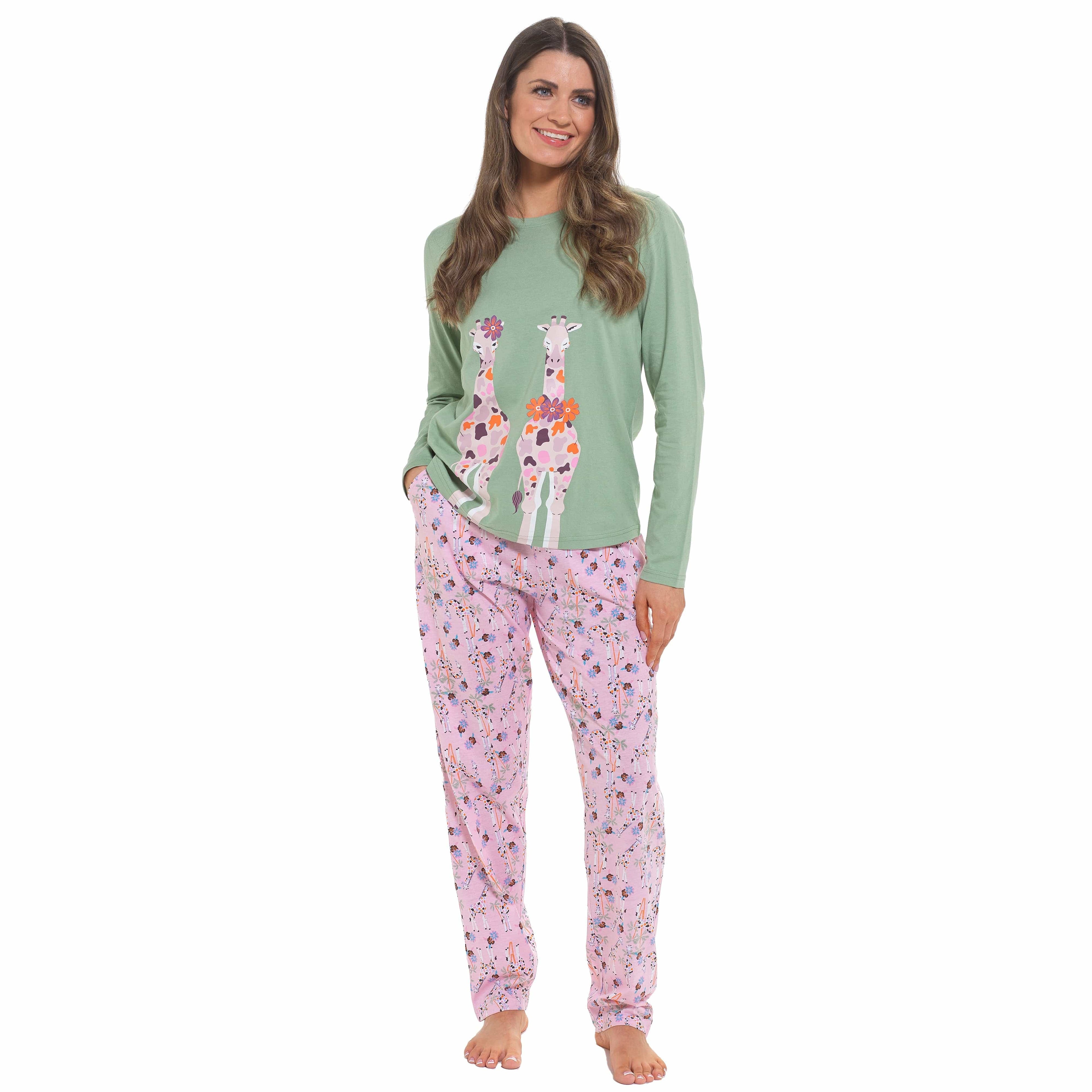 Women's Giraffe Cotton Jersey Long Sleeve Pyjama Set Comfortable PJs Soft Loungewear Summer Holiday Sleepwear