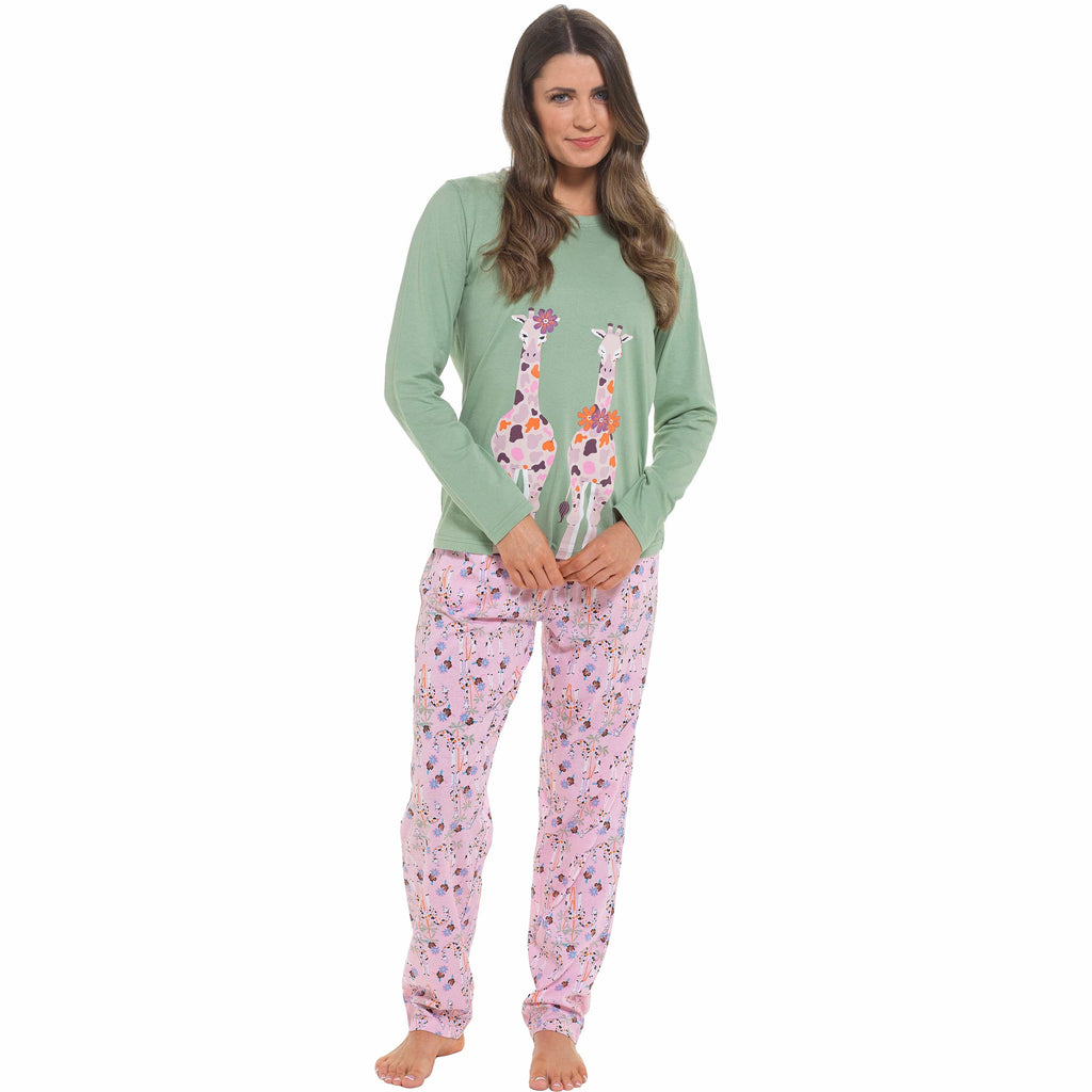 Women's Giraffe Cotton Jersey Long Sleeve Pyjama Set Comfortable PJs Soft Loungewear Summer Holiday Sleepwear