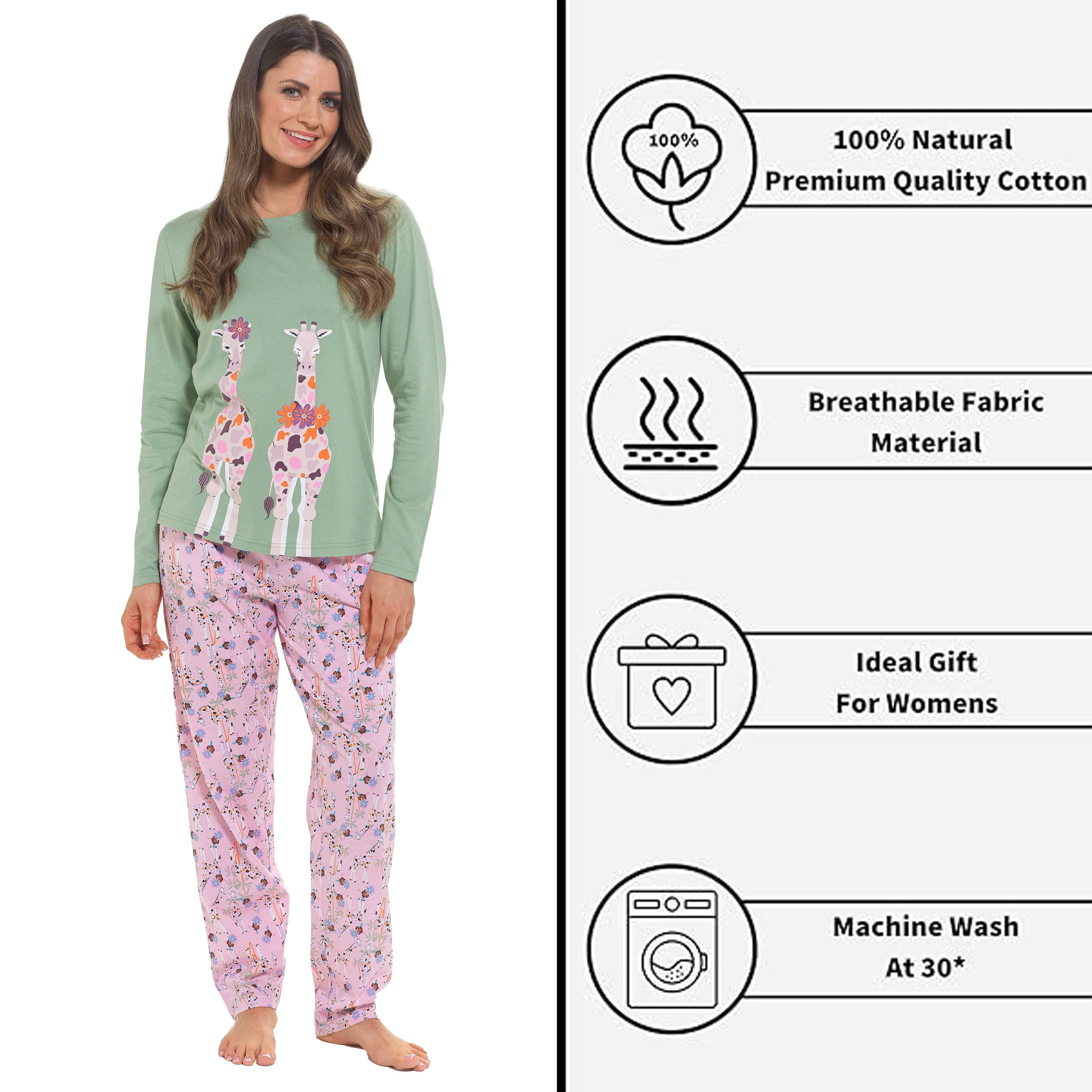 Women's Giraffe Cotton Jersey Long Sleeve Pyjama Set Comfortable PJs Soft Loungewear Summer Holiday Sleepwear