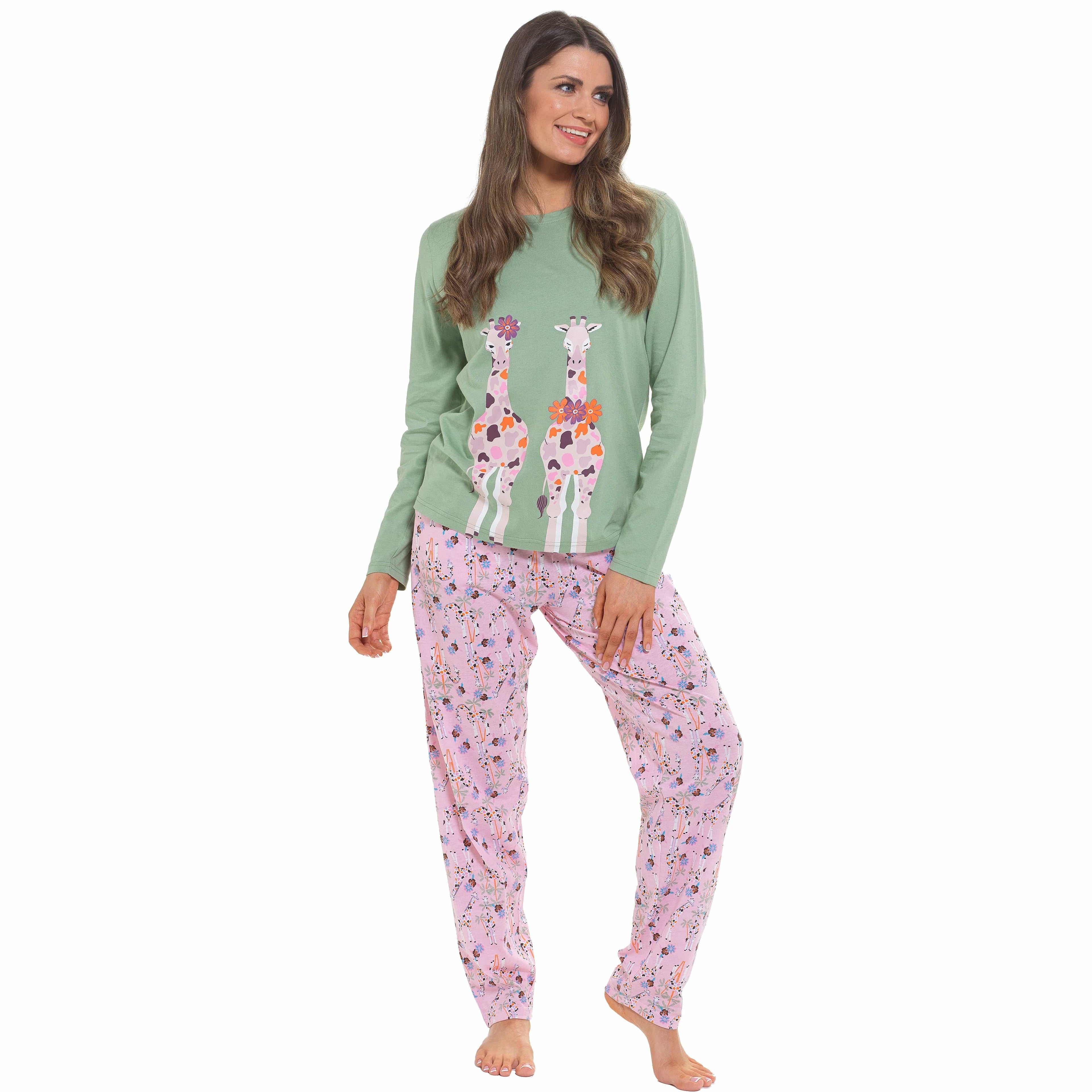 Women's Giraffe Cotton Jersey Long Sleeve Pyjama Set Comfortable PJs Soft Loungewear Summer Holiday Sleepwear