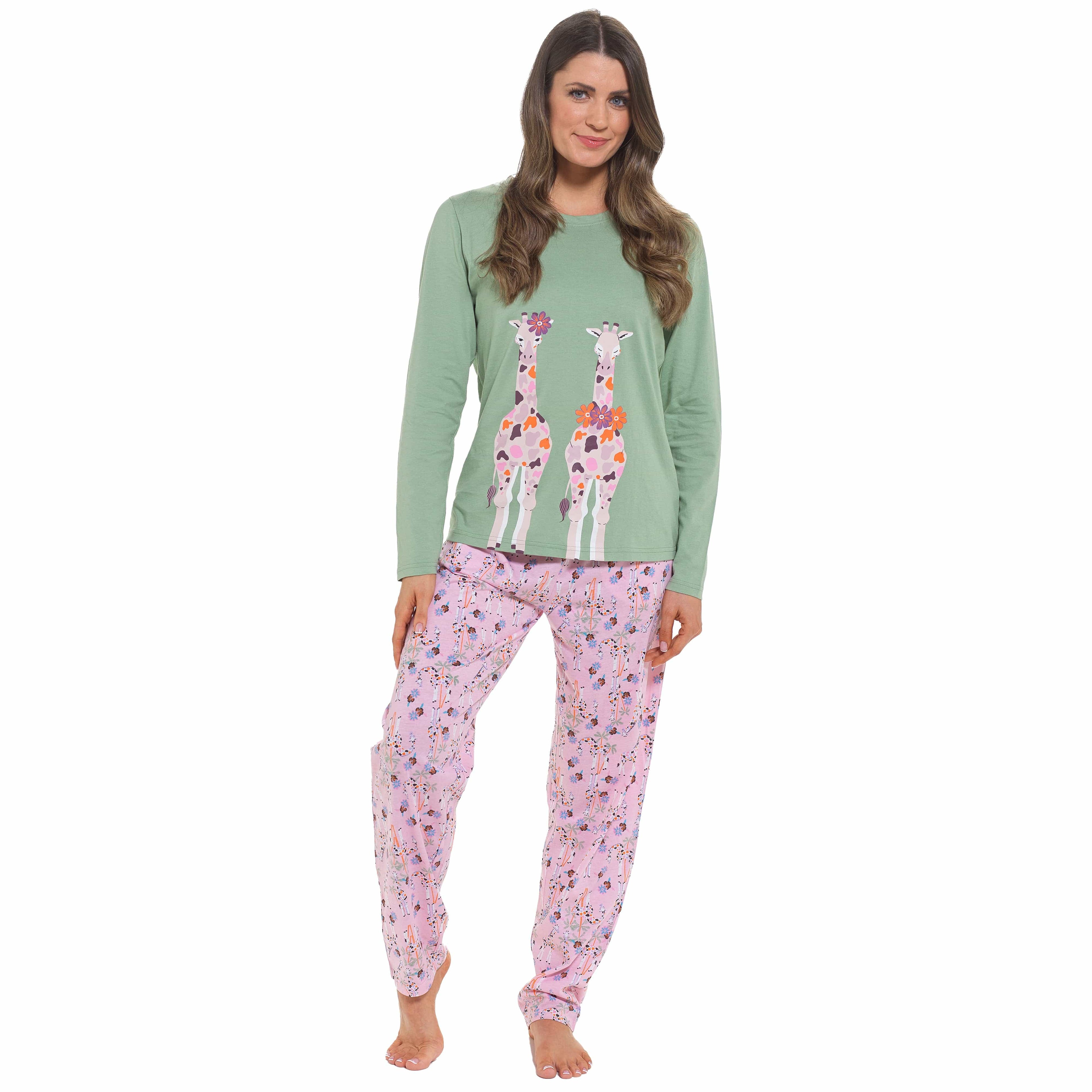 Women's Giraffe Cotton Jersey Long Sleeve Pyjama Set Comfortable PJs Soft Loungewear Summer Holiday Sleepwear