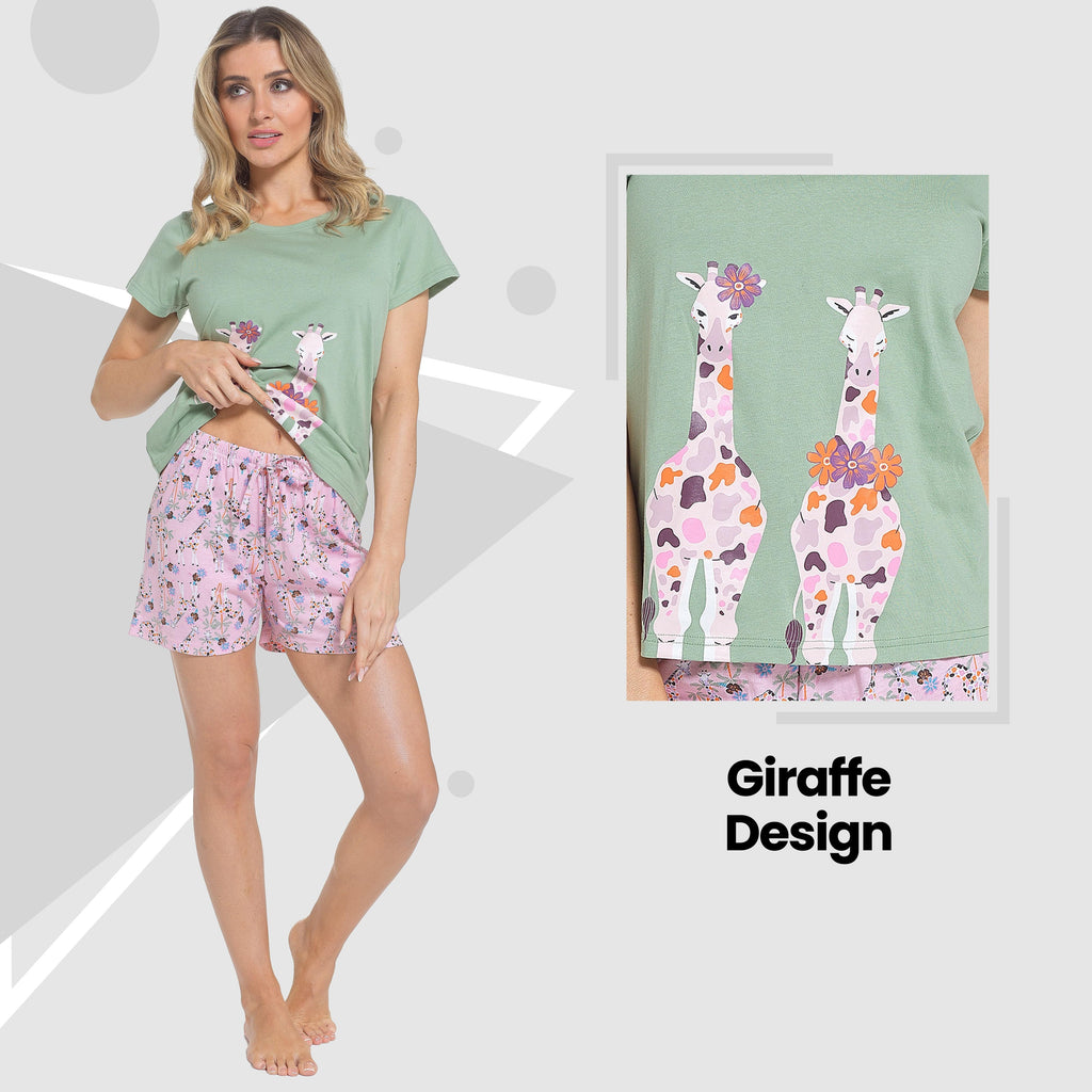 Women's Giraffe Pyjama Set T-Shirt & Shorts PJs Soft Cotton Loungewear Summer Holiday Sleepwear