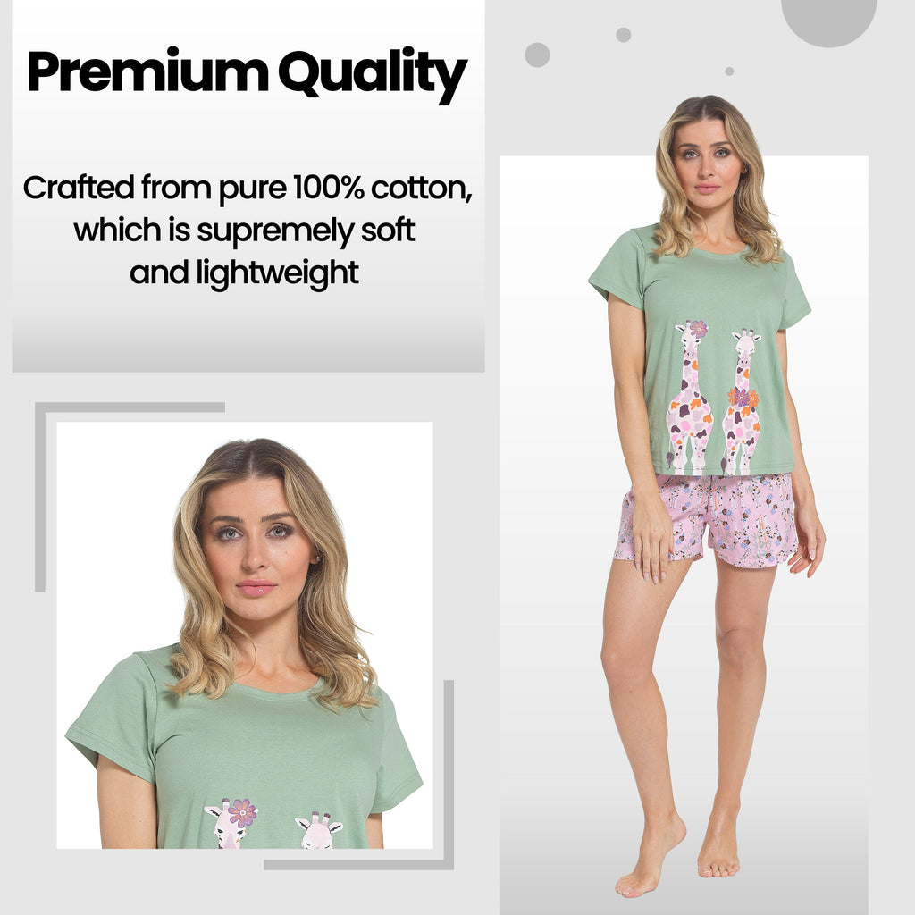 Women's Giraffe Pyjama Set T-Shirt & Shorts PJs Soft Cotton Loungewear Summer Holiday Sleepwear