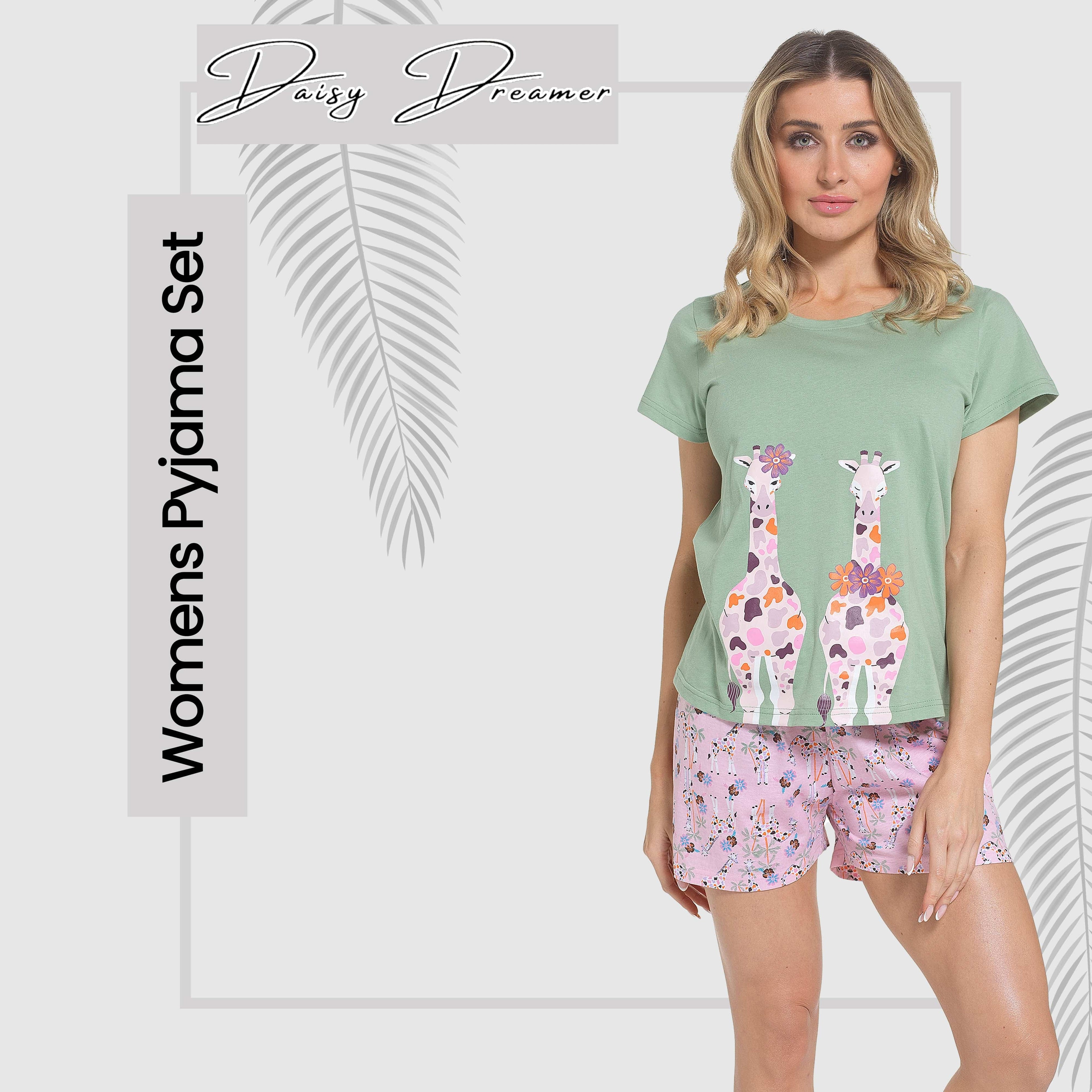 Women's Giraffe Pyjama Set T-Shirt & Shorts PJs Soft Cotton Loungewear Summer Holiday Sleepwear