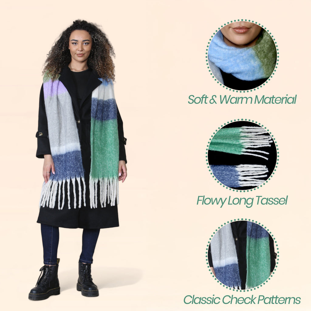 Women’s Green Blue Chunky Knit Bright Plaid Blanket Scarf Long Winter Wrap Warm Striped Shawl with Tassels Gift for Ladies