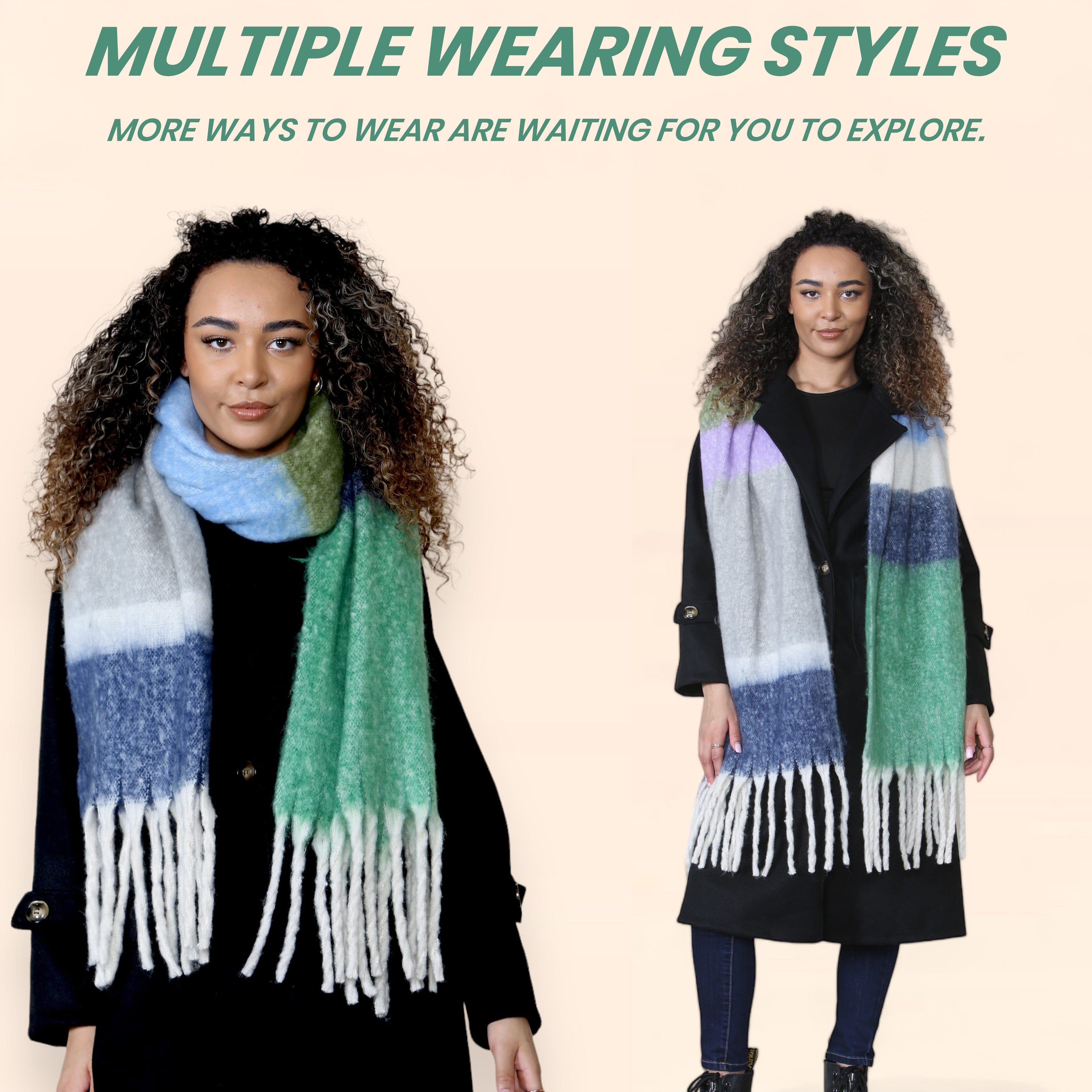 Women’s Green Blue Chunky Knit Bright Plaid Blanket Scarf Long Winter Wrap Warm Striped Shawl with Tassels Gift for Ladies