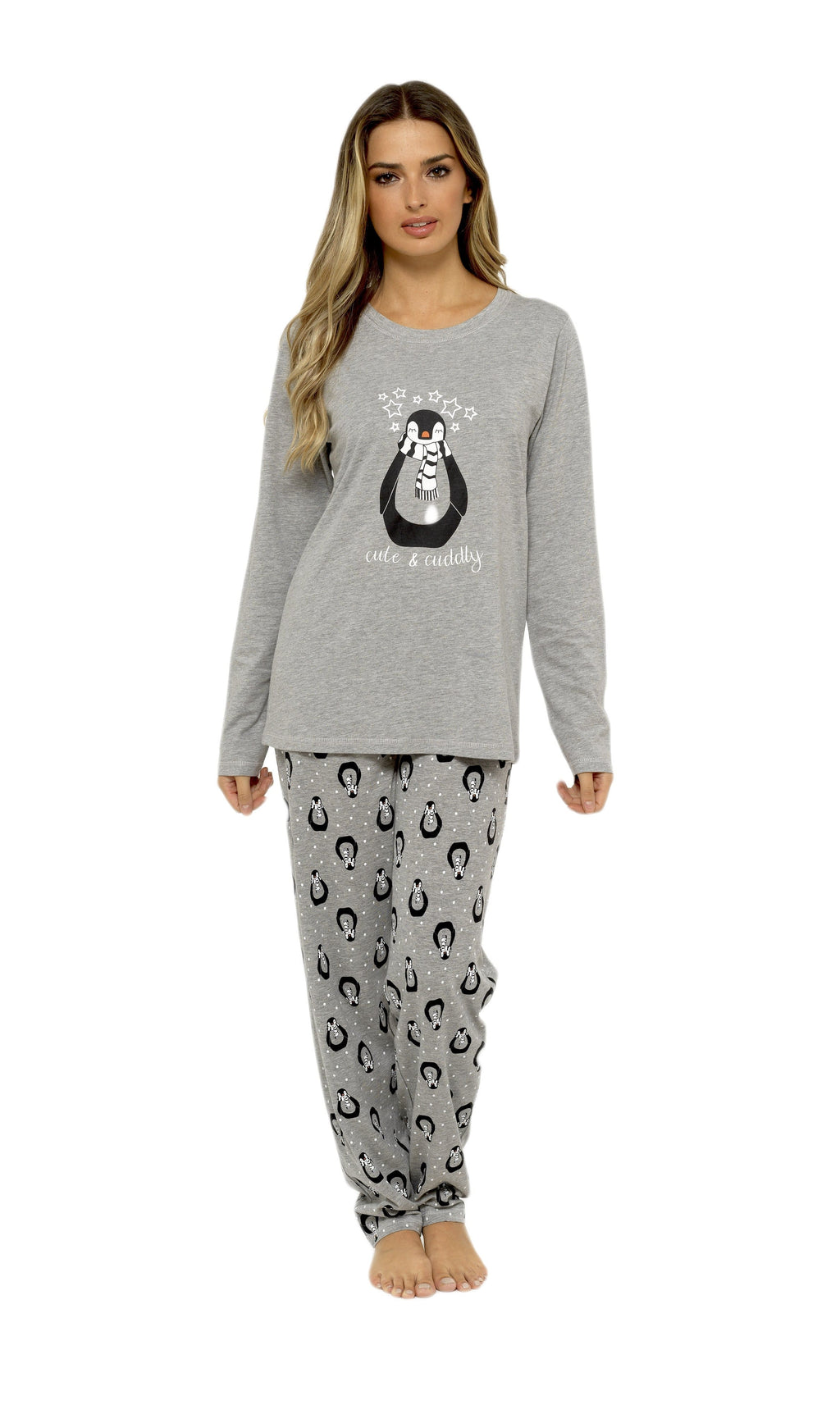 Women's Grey Cotton Pyjama Set Penguin Stars Design Soft Long Sleeve Top and Elasticated Bottoms Stylish Nightwear