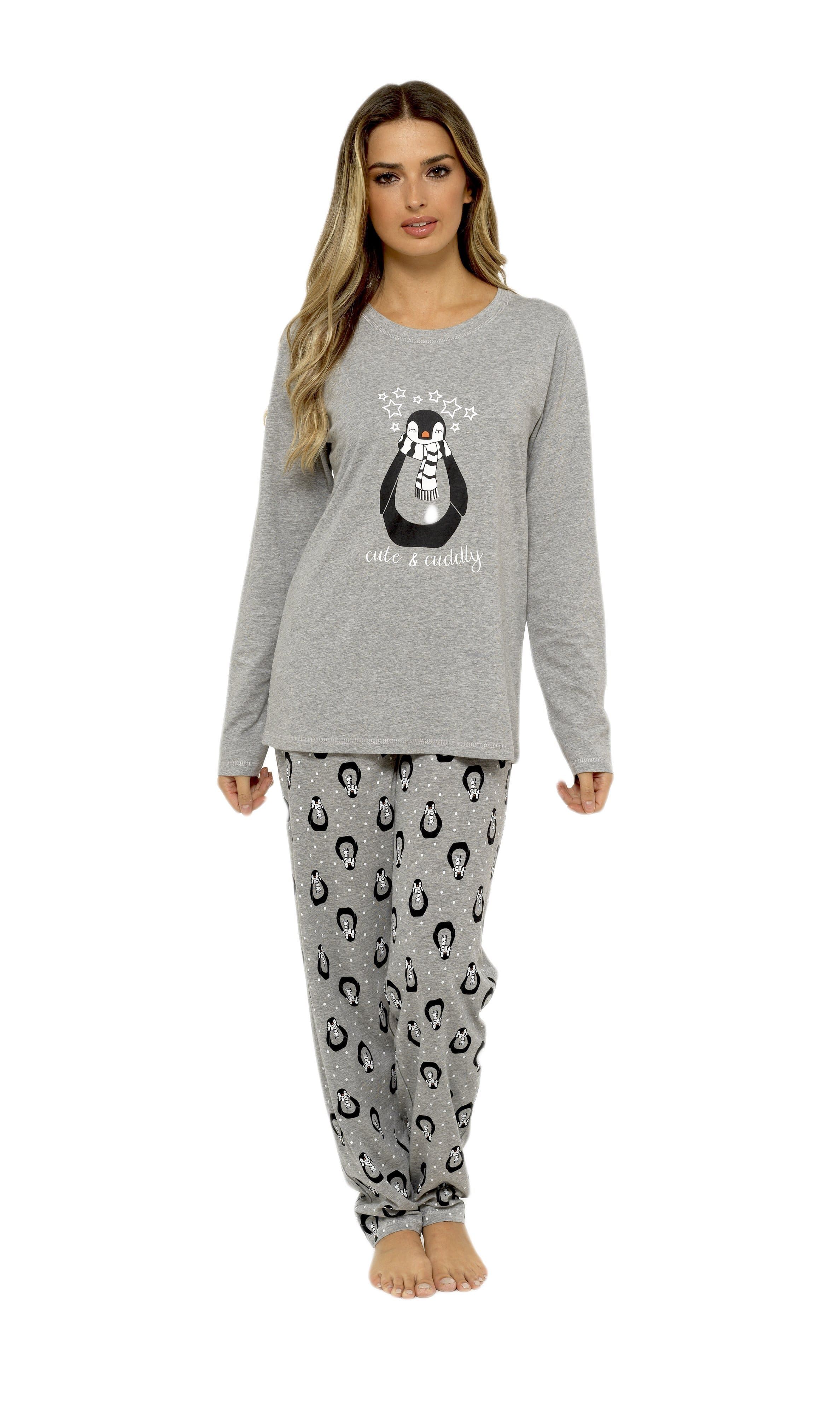 Women's Grey Cotton Pyjama Set Penguin Stars Design Soft Long Sleeve Top and Elasticated Bottoms Stylish Nightwear