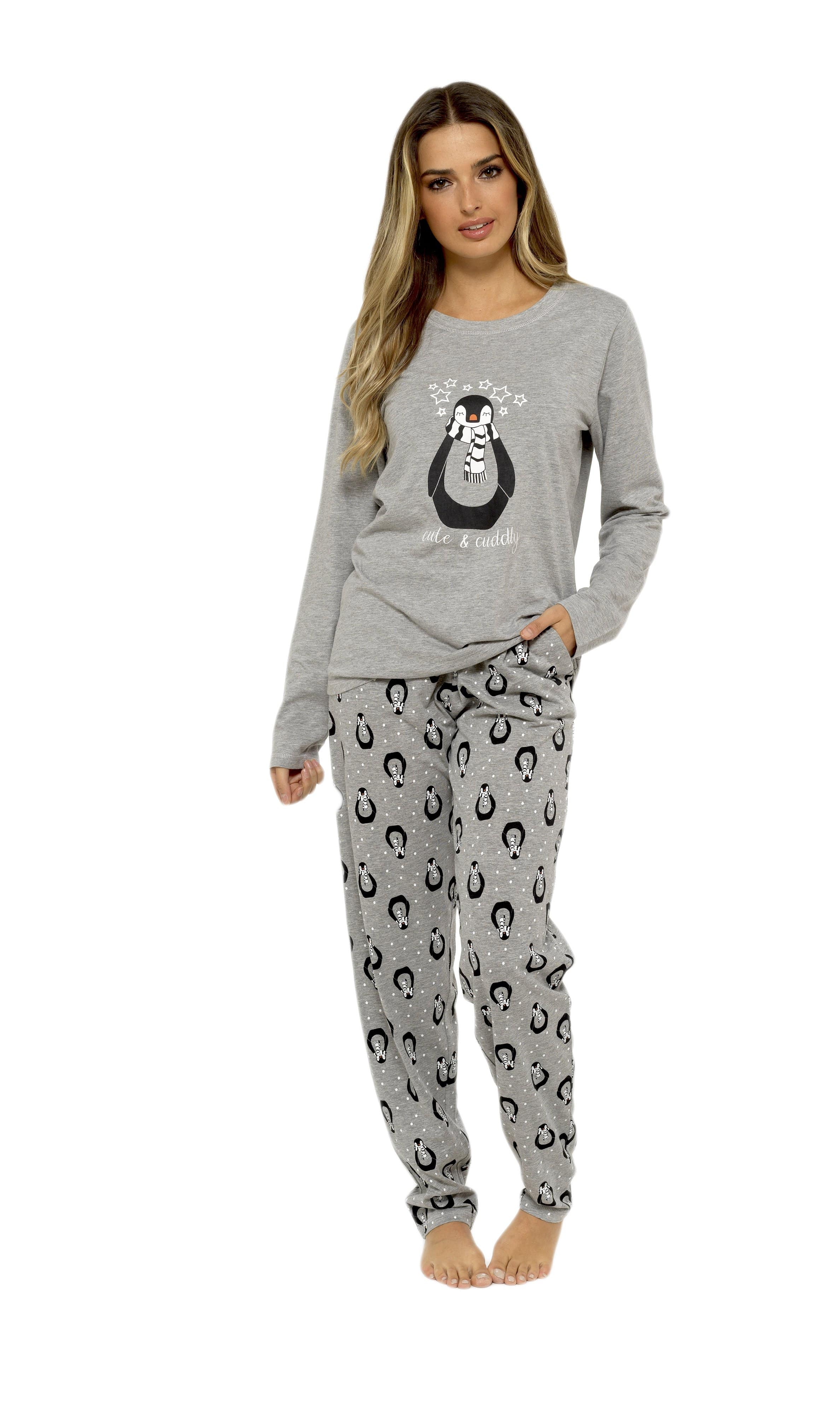 Women's Grey Cotton Pyjama Set Penguin Stars Design Soft Long Sleeve Top and Elasticated Bottoms Stylish Nightwear