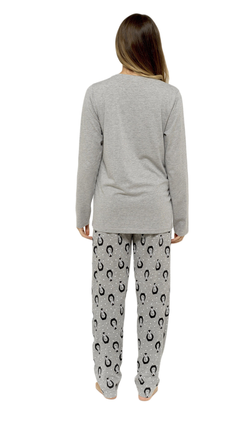 Women's Grey Cotton Pyjama Set Penguin Stars Design Soft Long Sleeve Top and Elasticated Bottoms Stylish Nightwear