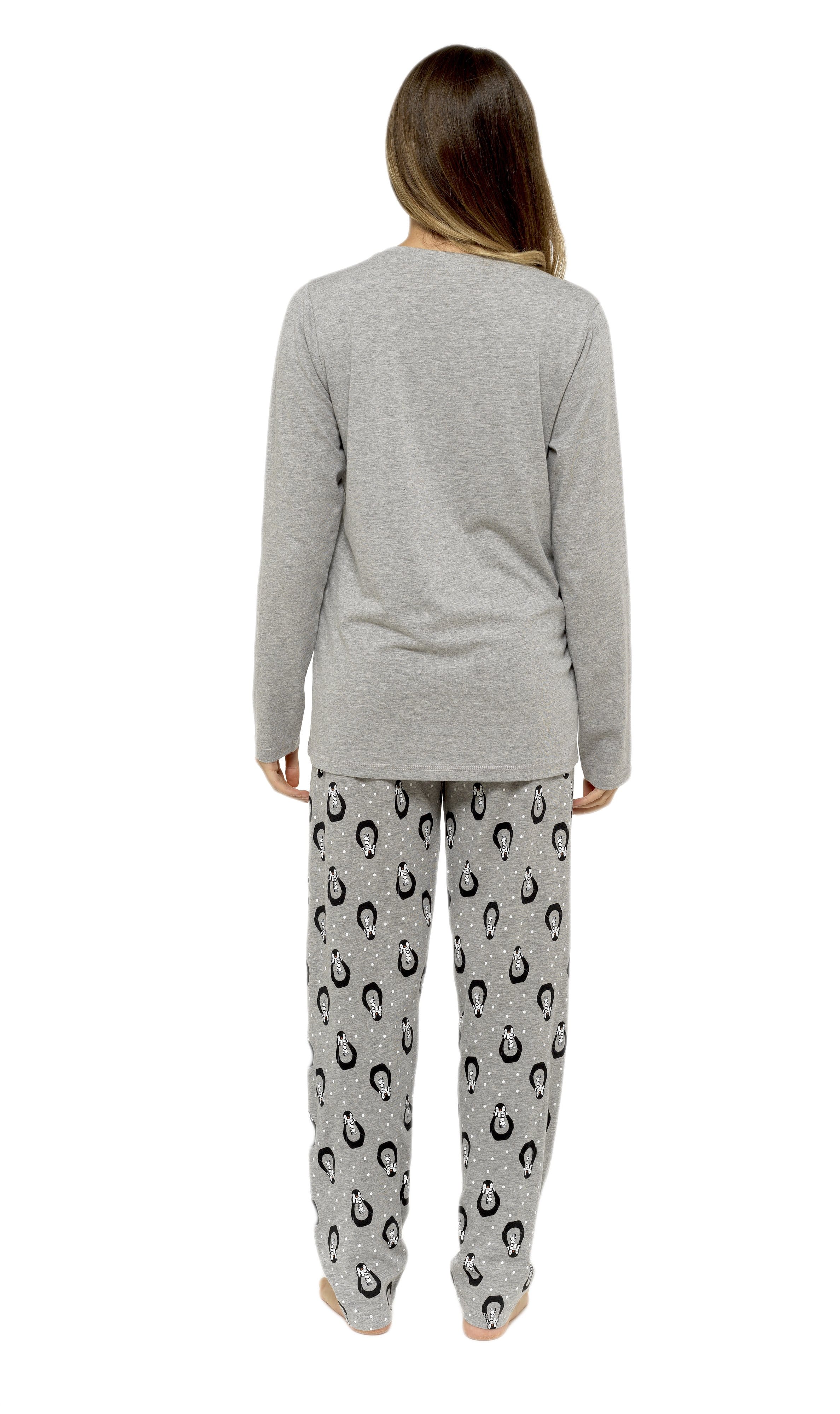 Women's Grey Cotton Pyjama Set Penguin Stars Design Soft Long Sleeve Top and Elasticated Bottoms Stylish Nightwear