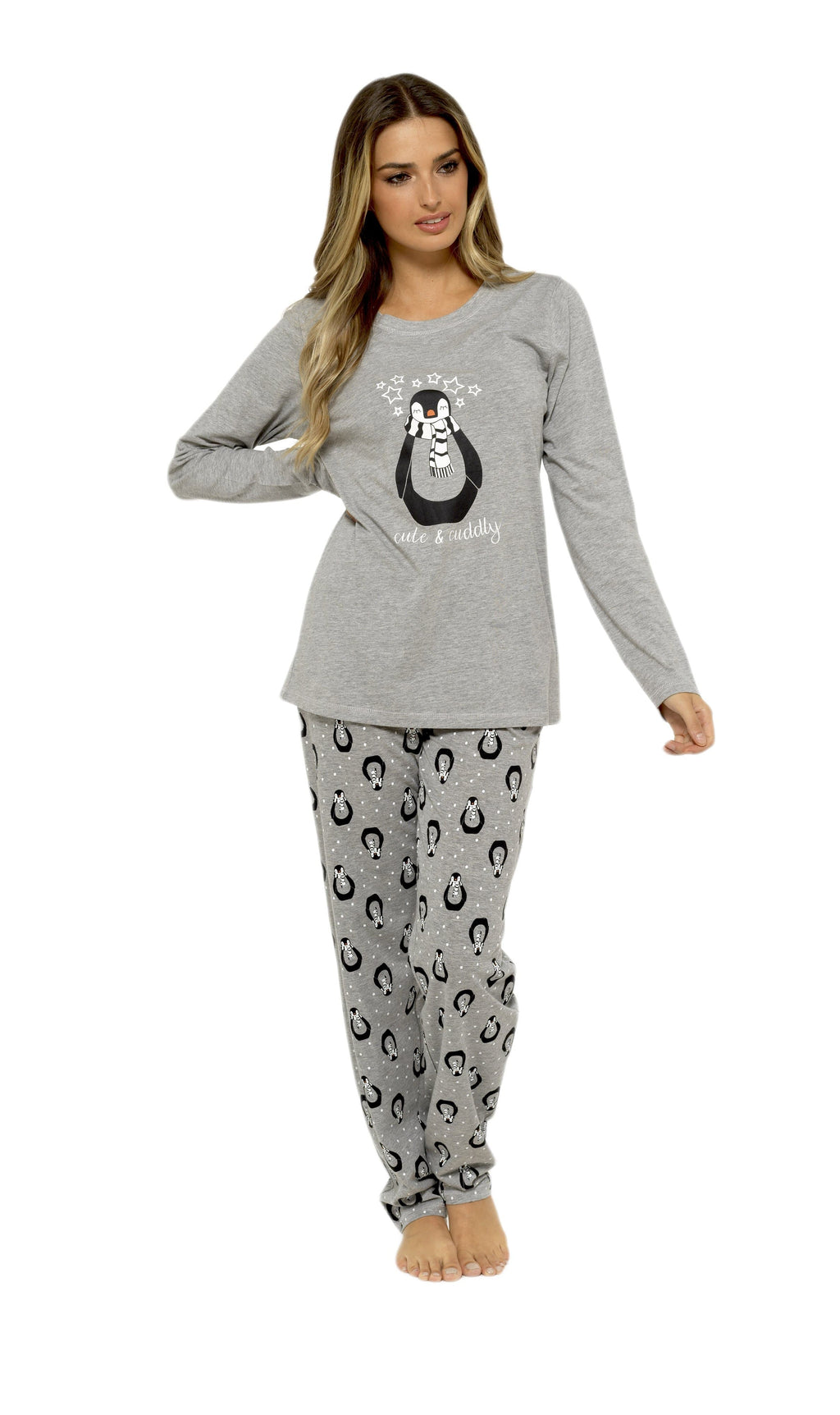 Women's Grey Cotton Pyjama Set Penguin Stars Design Soft Long Sleeve Top and Elasticated Bottoms Stylish Nightwear