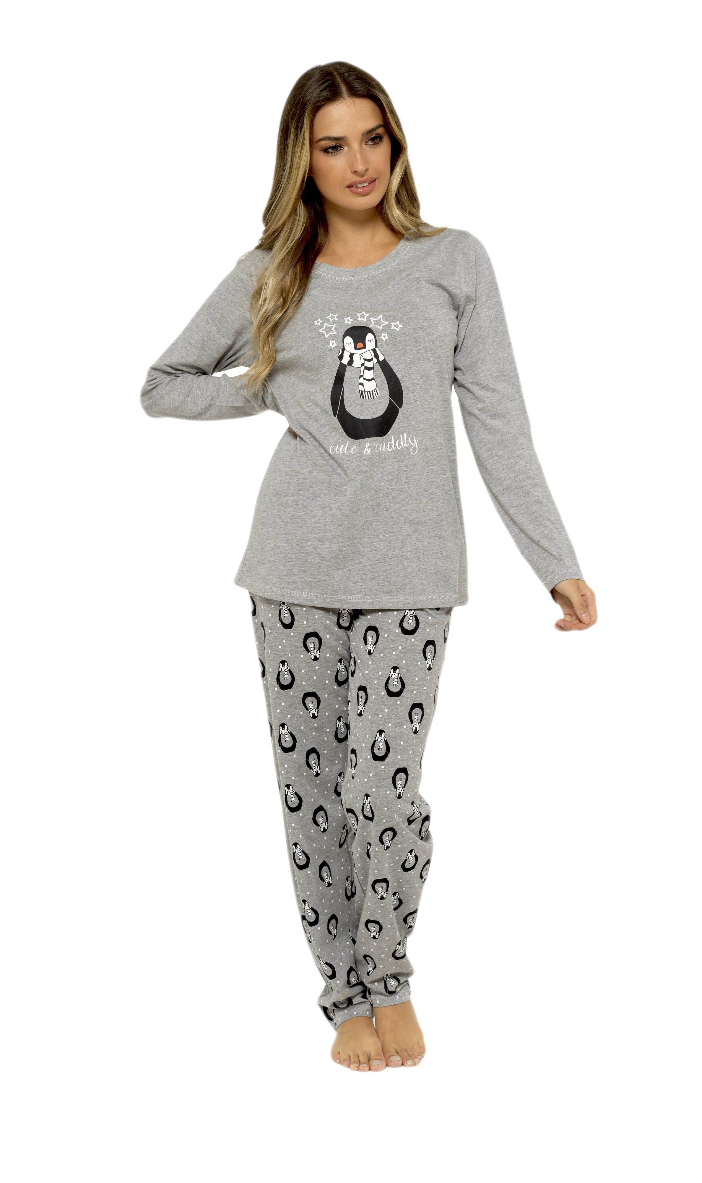 Women's Grey Cotton Pyjama Set Penguin Stars Design Soft Long Sleeve Top and Elasticated Bottoms Stylish Nightwear