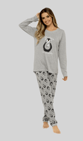 Women's Grey Cotton Pyjama Set Penguin Stars Design Soft Long Sleeve Top and Elasticated Bottoms Stylish Nightwear