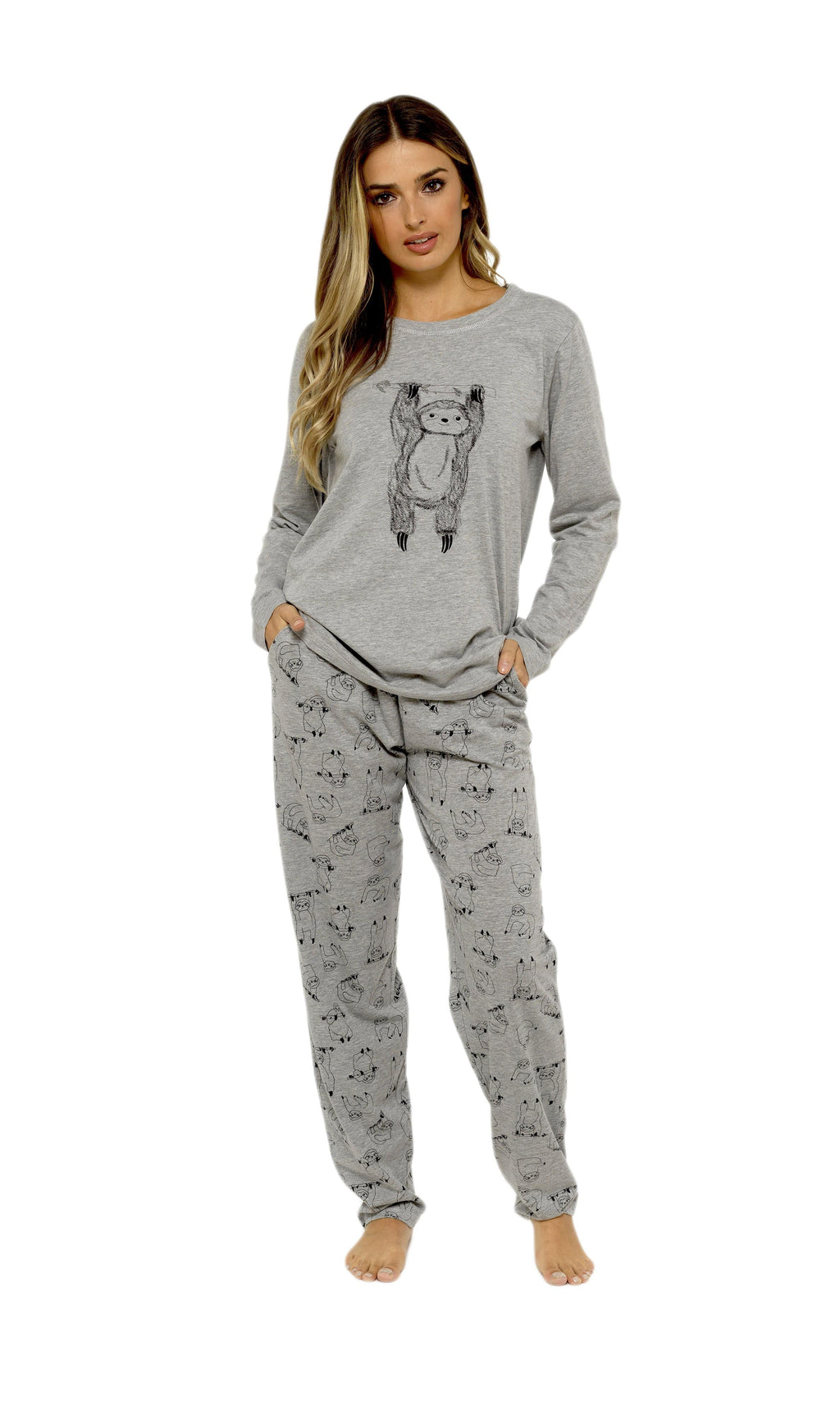 Women's Grey Cotton Pyjama Set with Lazy Sloth Design Long Sleeve Comfortable Sleepwear Cute Nightwear Ideal Gift for Her
