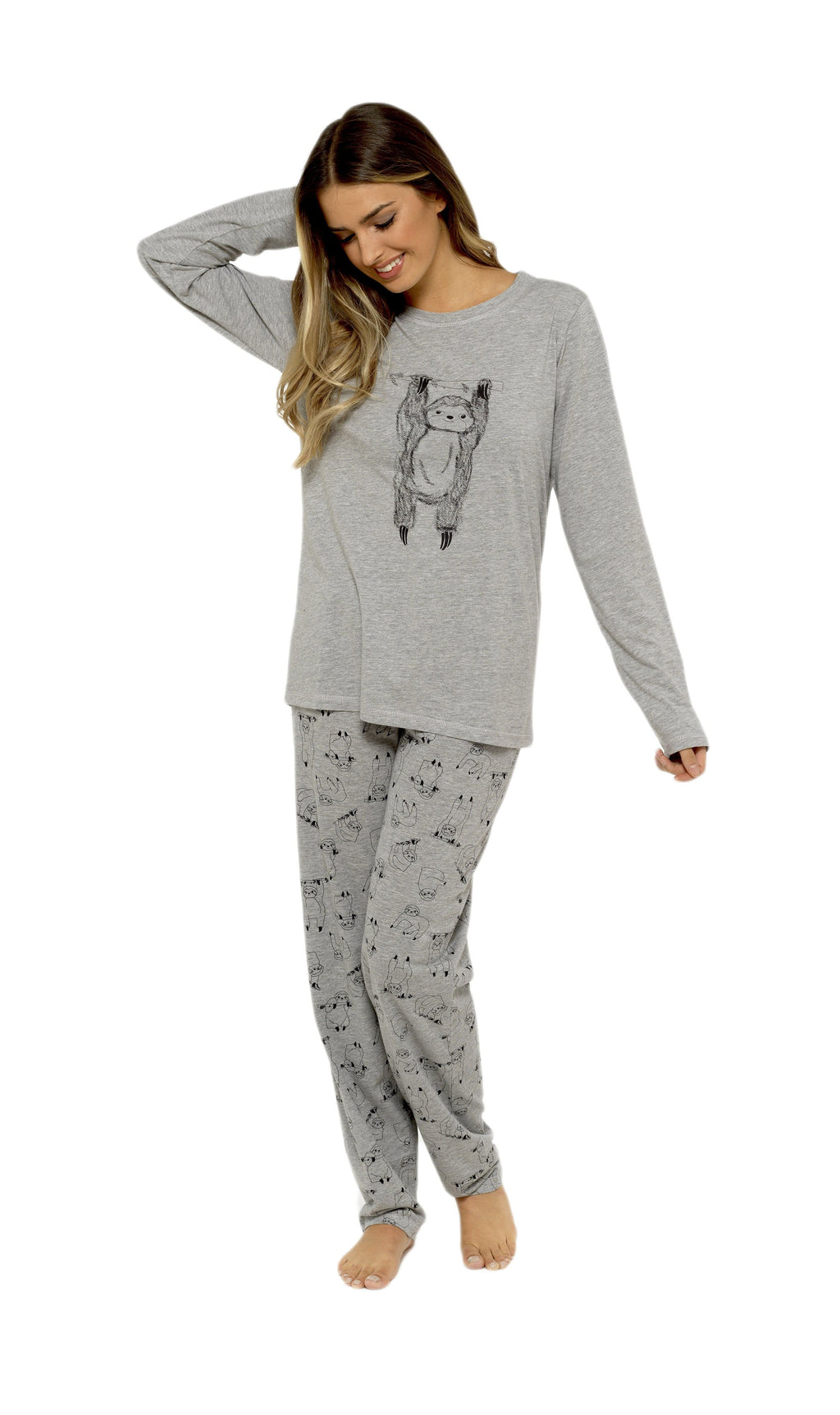 Women's Grey Cotton Pyjama Set with Lazy Sloth Design Long Sleeve Comfortable Sleepwear Cute Nightwear Ideal Gift for Her