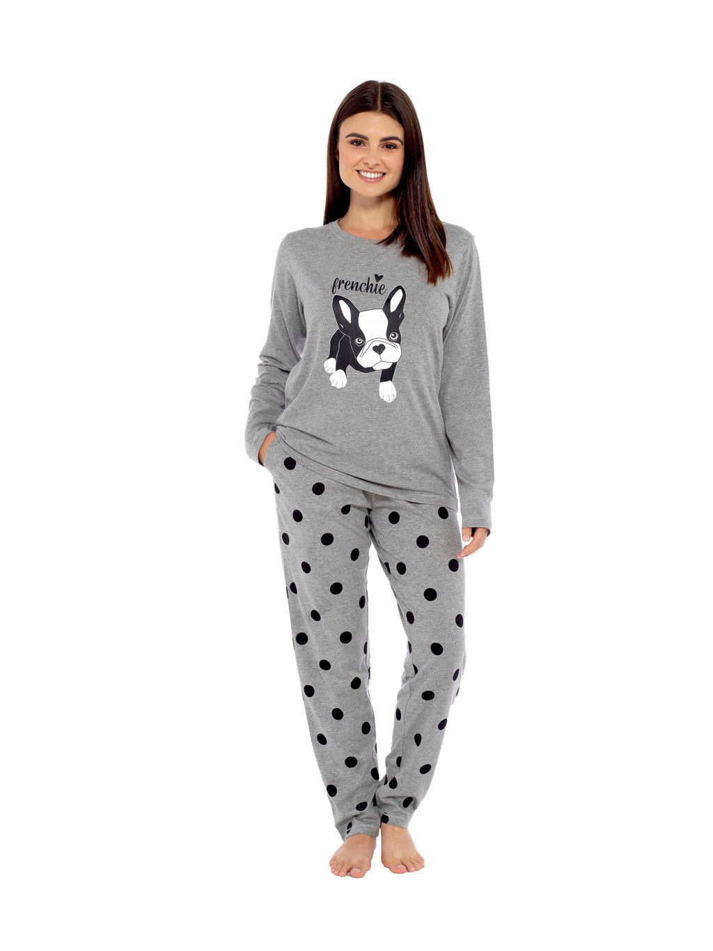 Women's Grey Cotton Pyjama Set with Polka Dot Pants and Frenchie Pugs Print, Long Sleeve Top, Comfortable Loungewear, Soft Breathable Fabric, Hypoallergenic, Stylish Sleepwear
