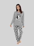 Women's Grey Cotton Pyjama Set with Polka Dot Pants and Frenchie Pugs Print, Long Sleeve Top, Comfortable Loungewear, Soft Breathable Fabric, Hypoallergenic, Stylish Sleepwear