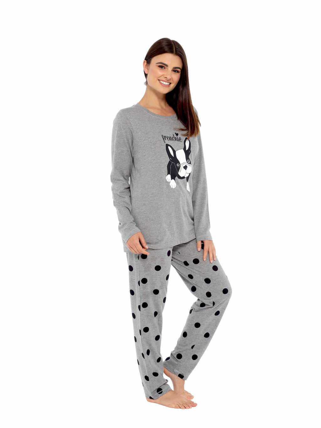 Women's Grey Cotton Pyjama Set with Polka Dot Pants and Frenchie Pugs Print, Long Sleeve Top, Comfortable Loungewear, Soft Breathable Fabric, Hypoallergenic, Stylish Sleepwear
