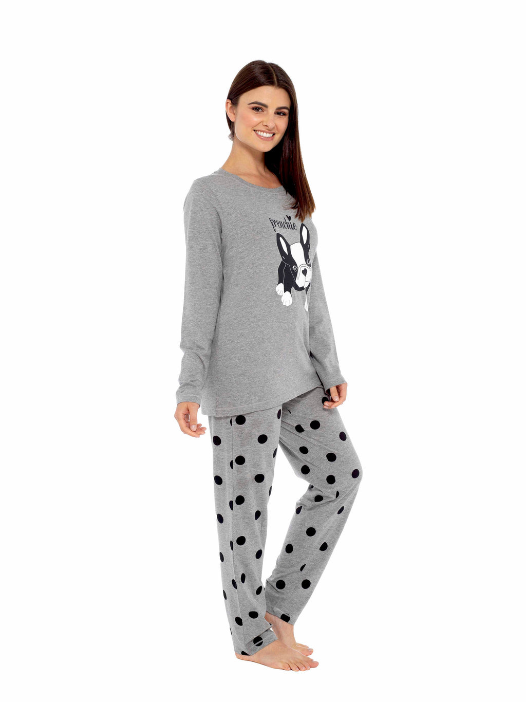 Women's Grey Cotton Pyjama Set with Polka Dot Pants and Frenchie Pugs Print, Long Sleeve Top, Comfortable Loungewear, Soft Breathable Fabric, Hypoallergenic, Stylish Sleepwear