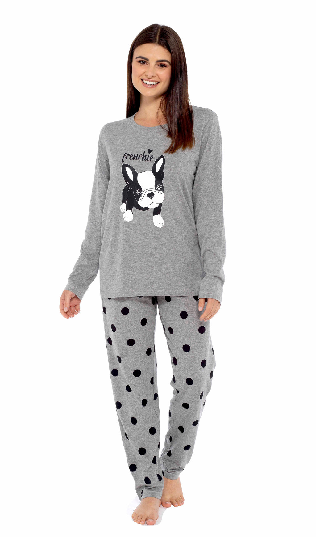 Women's Grey Cotton Pyjama Set with Polka Dot Pants and Frenchie Pugs Print, Long Sleeve Top, Comfortable Loungewear, Soft Breathable Fabric, Hypoallergenic, Stylish Sleepwear