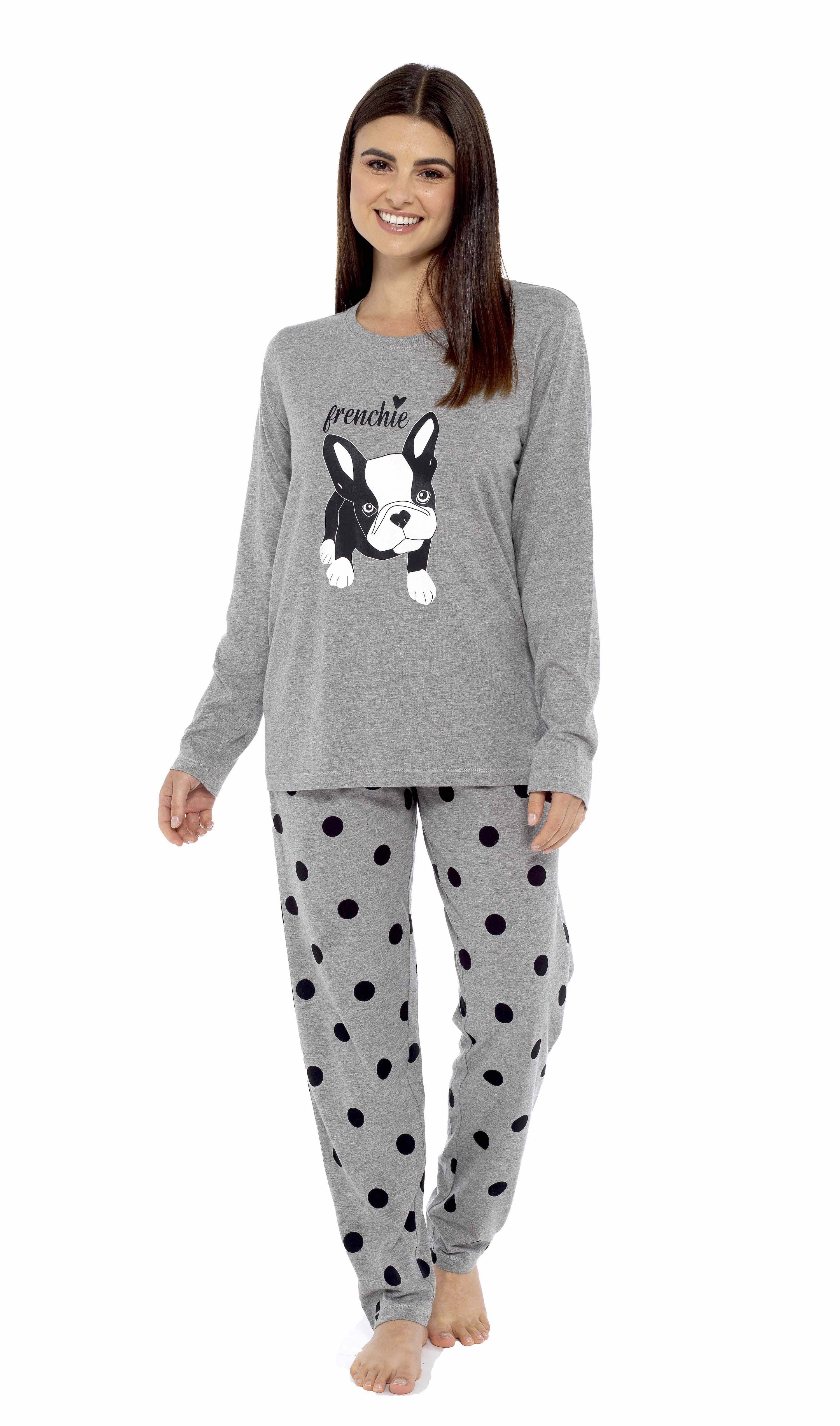 Women's Grey Cotton Pyjama Set with Polka Dot Pants and Frenchie Pugs Print, Long Sleeve Top, Comfortable Loungewear, Soft Breathable Fabric, Hypoallergenic, Stylish Sleepwear