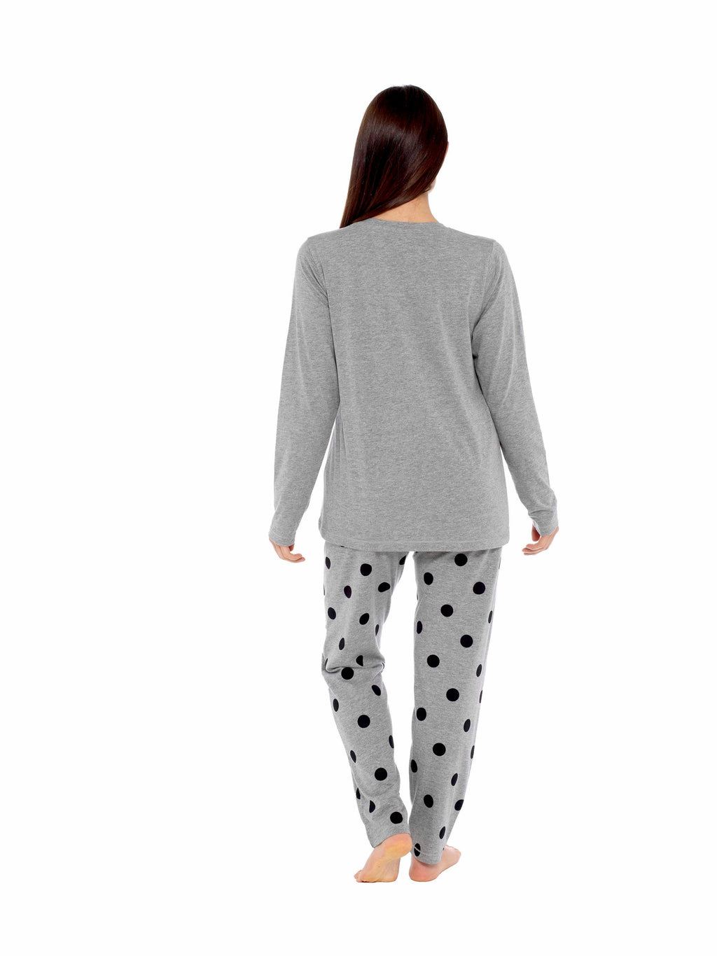 Women's Grey Cotton Pyjama Set with Polka Dot Pants and Frenchie Pugs Print, Long Sleeve Top, Comfortable Loungewear, Soft Breathable Fabric, Hypoallergenic, Stylish Sleepwear