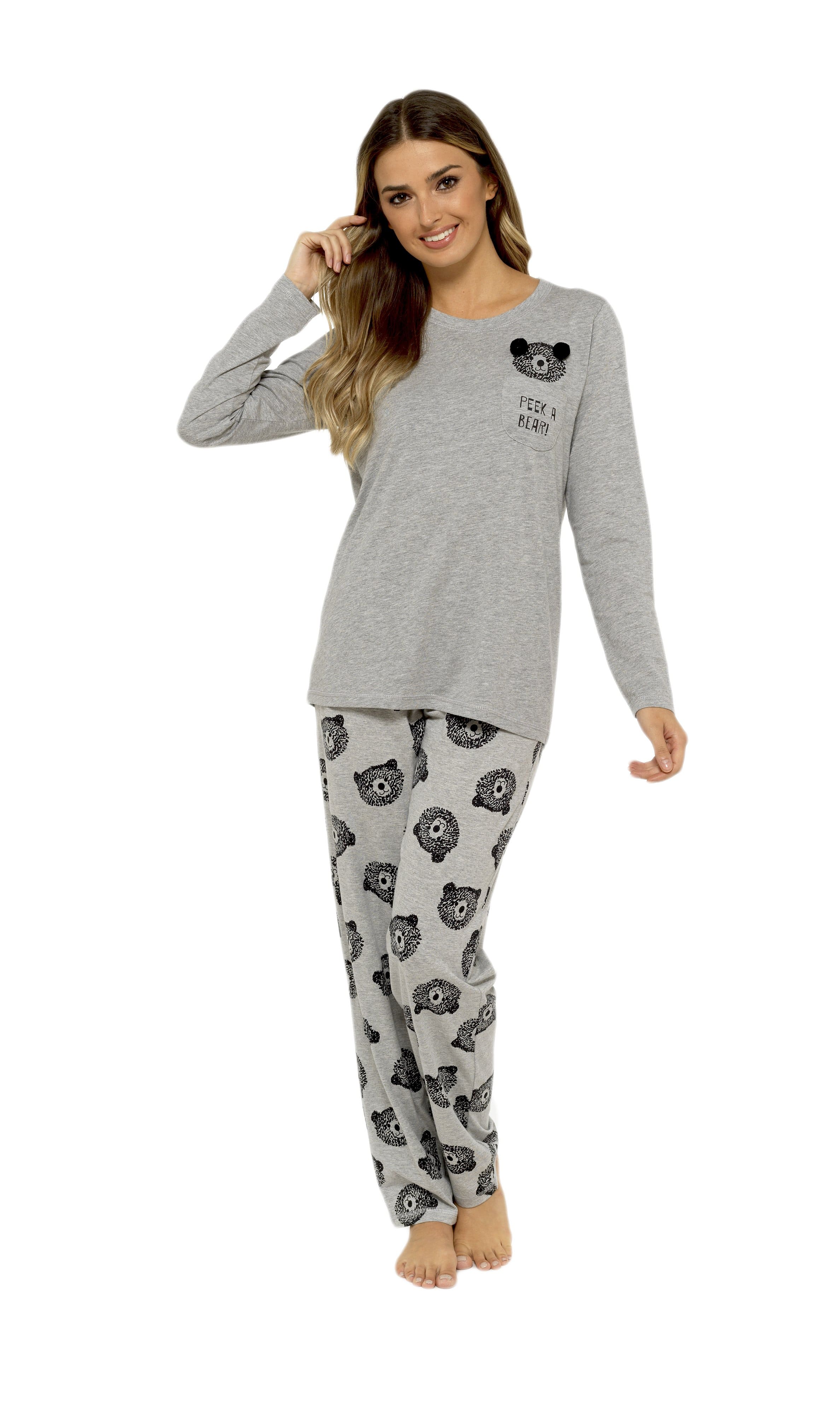 Women's Grey Cotton Pyjama Set with Teddy Bear Design Soft Jersey Long Sleeve Top and Elasticated Bottoms Cosy Breathable Nightwear Loungewear Various Sizes