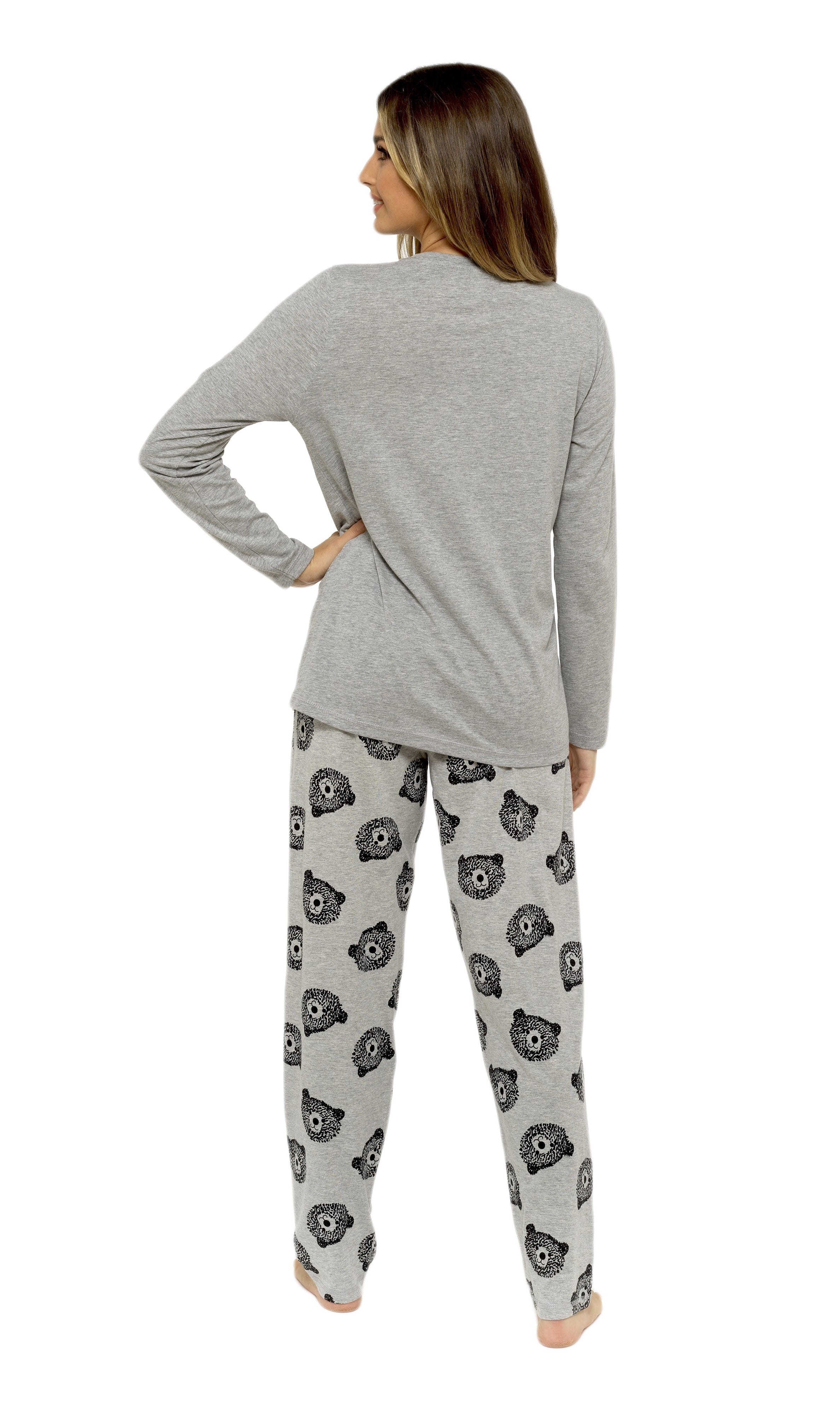 Women's Grey Cotton Pyjama Set with Teddy Bear Design Soft Jersey Long Sleeve Top and Elasticated Bottoms Cosy Breathable Nightwear Loungewear Various Sizes