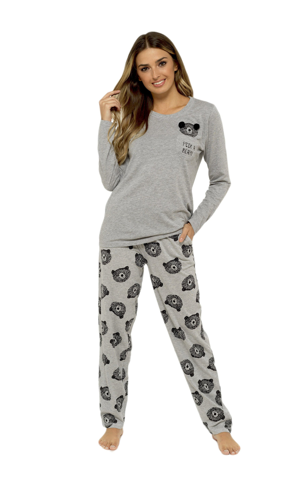 Women's Grey Cotton Pyjama Set with Teddy Bear Design Soft Jersey Long Sleeve Top and Elasticated Bottoms Cosy Breathable Nightwear Loungewear Various Sizes