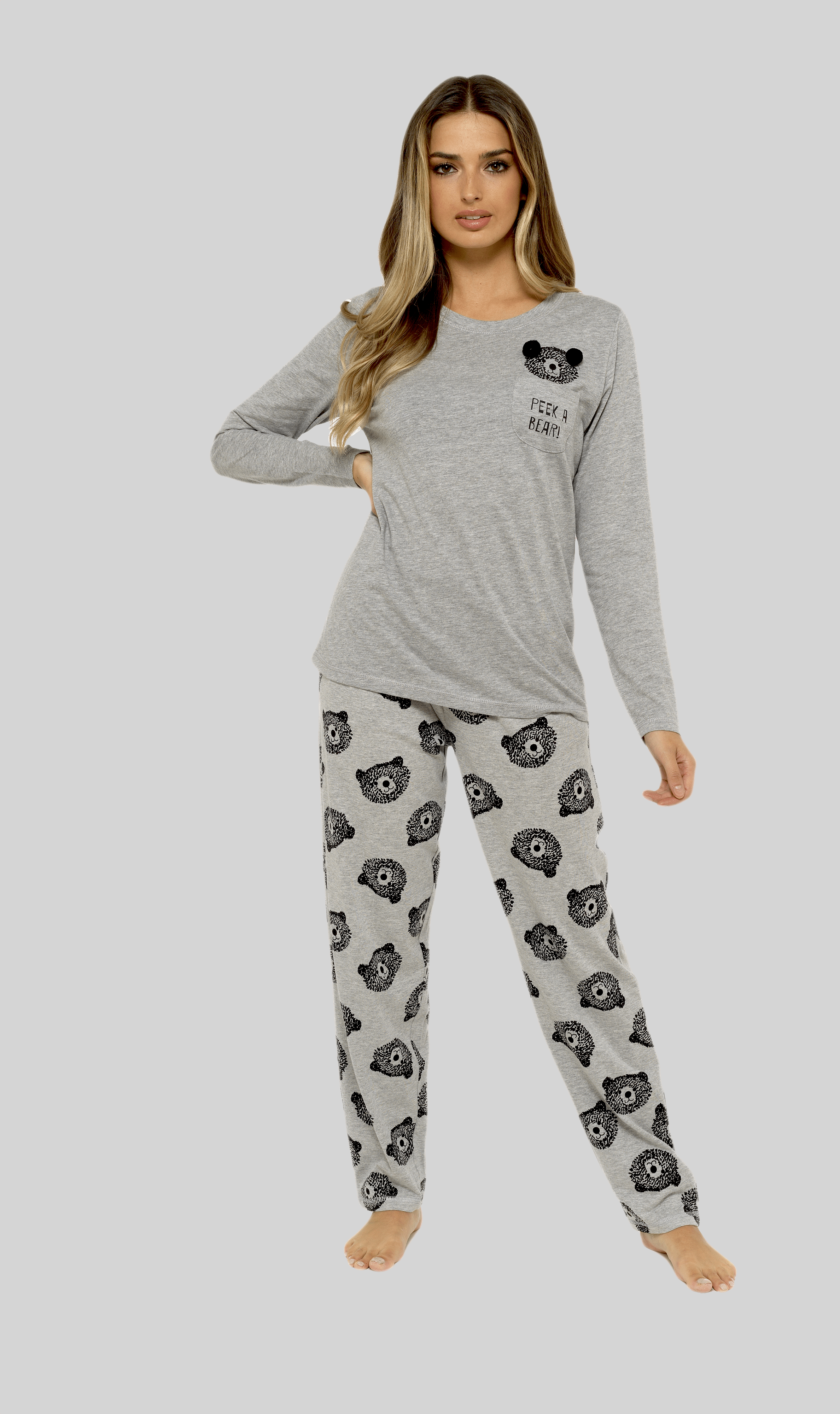 Women's Grey Cotton Pyjama Set with Teddy Bear Design Soft Jersey Long Sleeve Top and Elasticated Bottoms Cosy Breathable Nightwear Loungewear Various Sizes