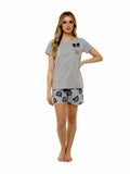 Women's Grey Cotton T-Shirt and Shorts Pyjama Set with Pom Pom Detailing 100% Pure Cotton Soft Jersey Summer Loungewear