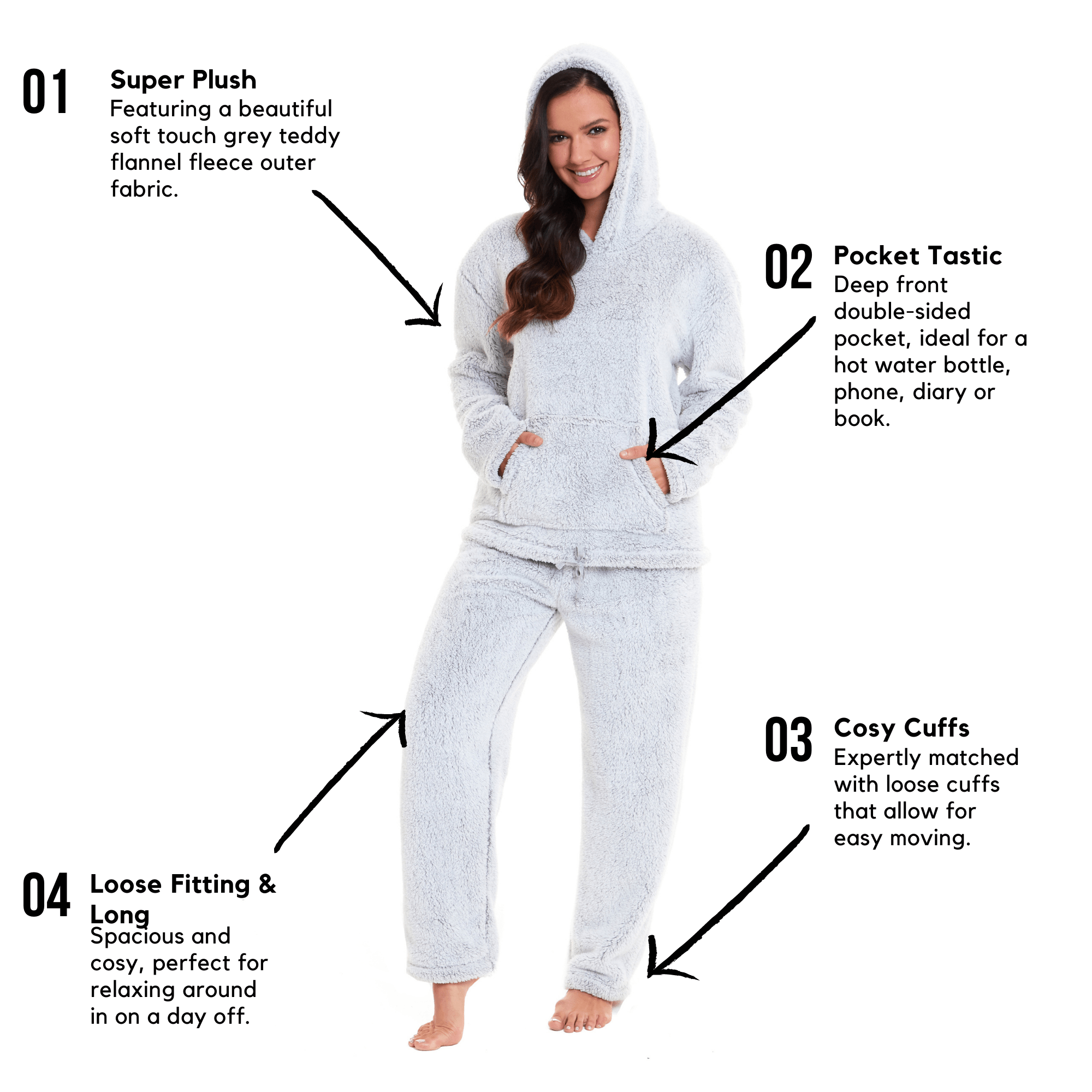Women's Grey Plush Fleece Hooded Pyjama Set Soft Cosy Nightwear Teddy Fabric Loungewear Available in Sizes UK 8-22