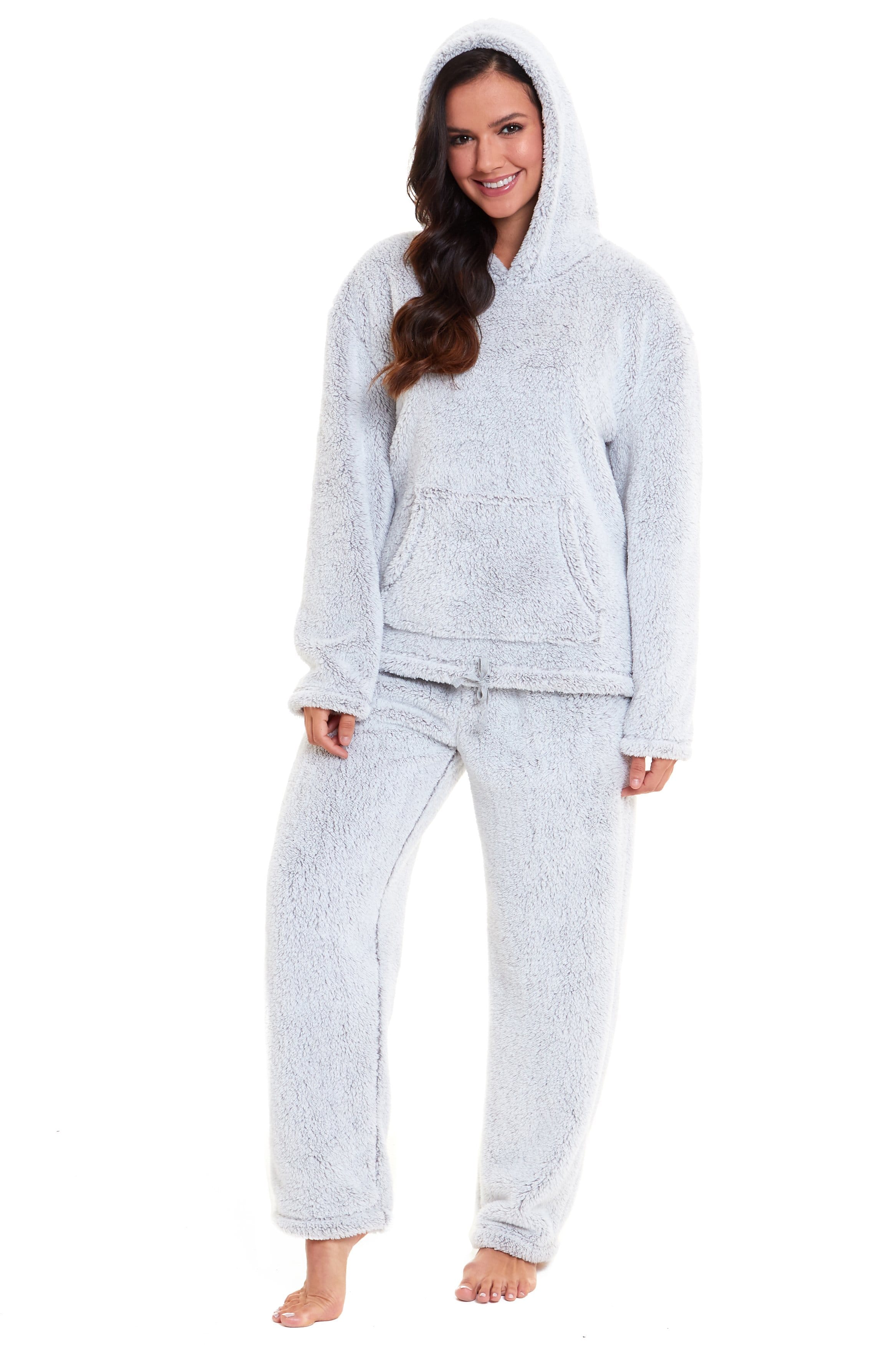 Women's Grey Plush Fleece Hooded Pyjama Set Soft Cosy Nightwear Teddy Fabric Loungewear Available in Sizes UK 8-22