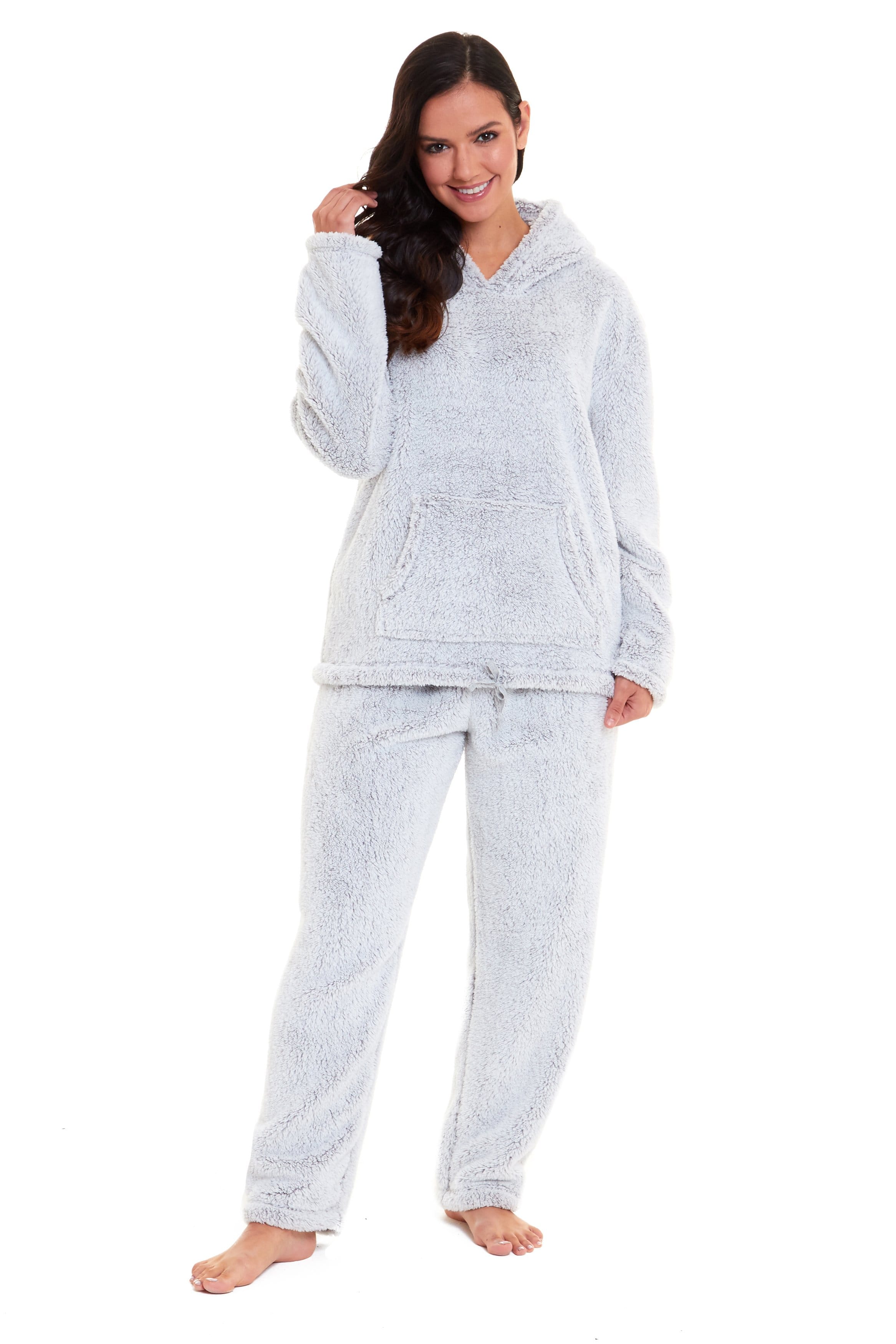 Women's Grey Plush Fleece Hooded Pyjama Set Soft Cosy Nightwear Teddy Fabric Loungewear Available in Sizes UK 8-22