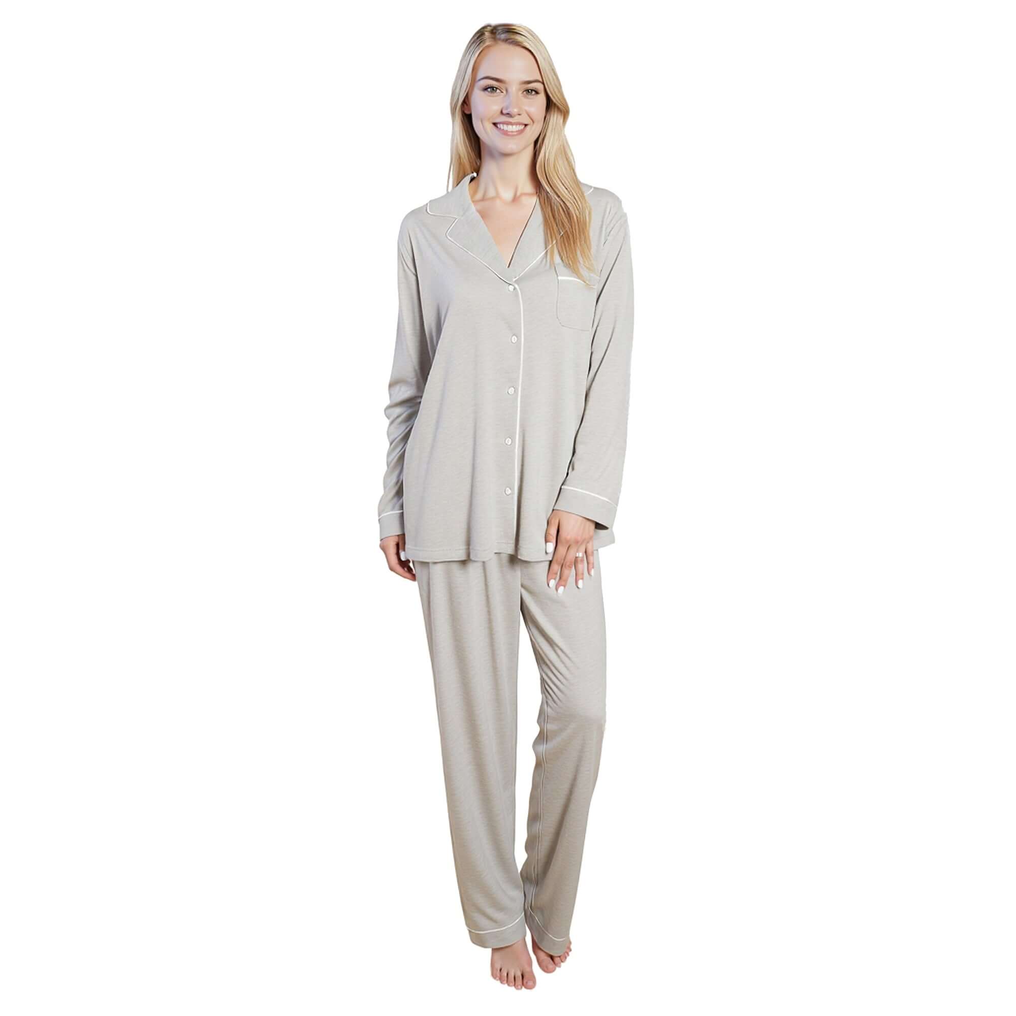 Women's Grey Pyjama Set Soft Touch Long Sleeve Button-Up Top & Bottoms Two-Piece Nightwear