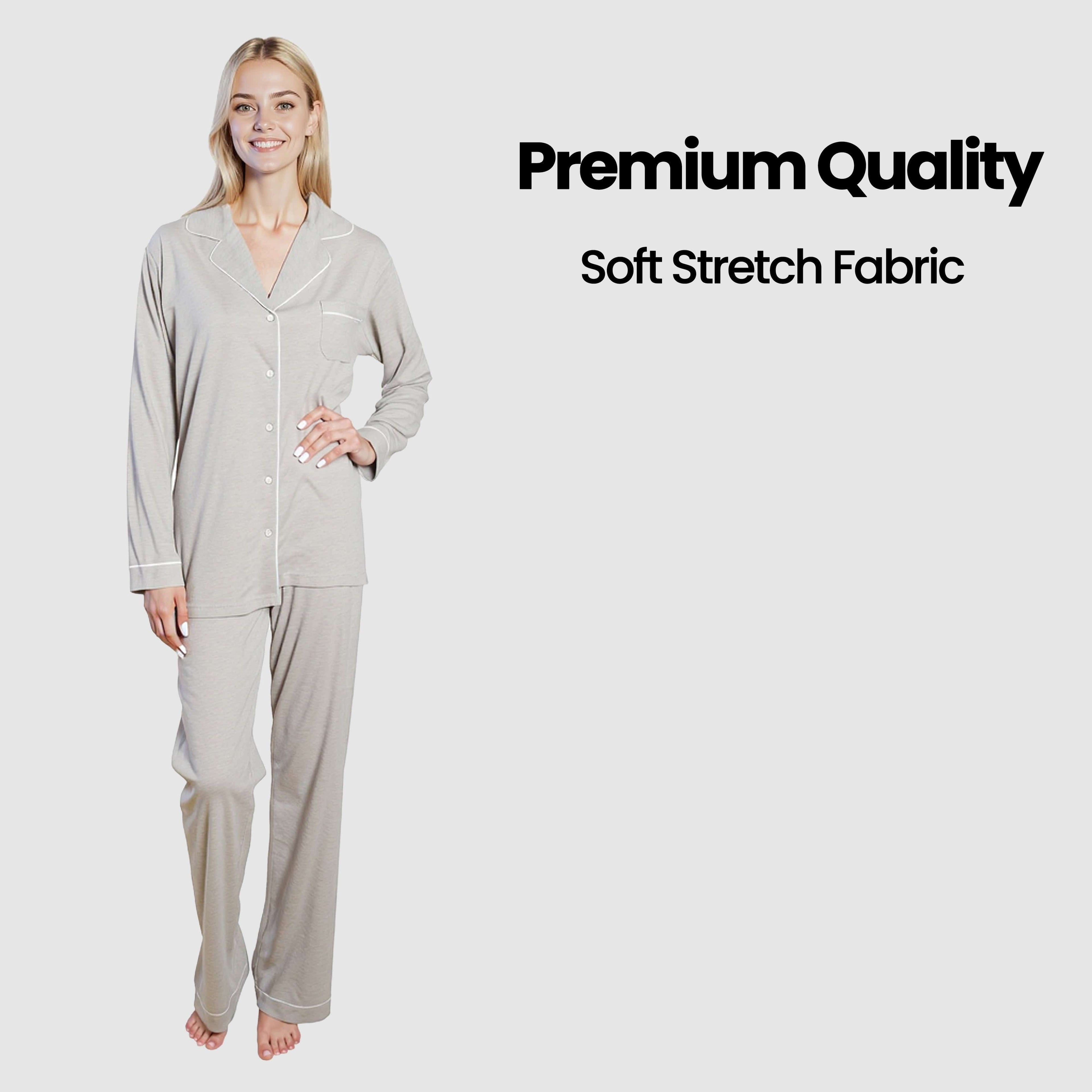 Women's Grey Pyjama Set Soft Touch Long Sleeve Button-Up Top & Bottoms Two-Piece Nightwear