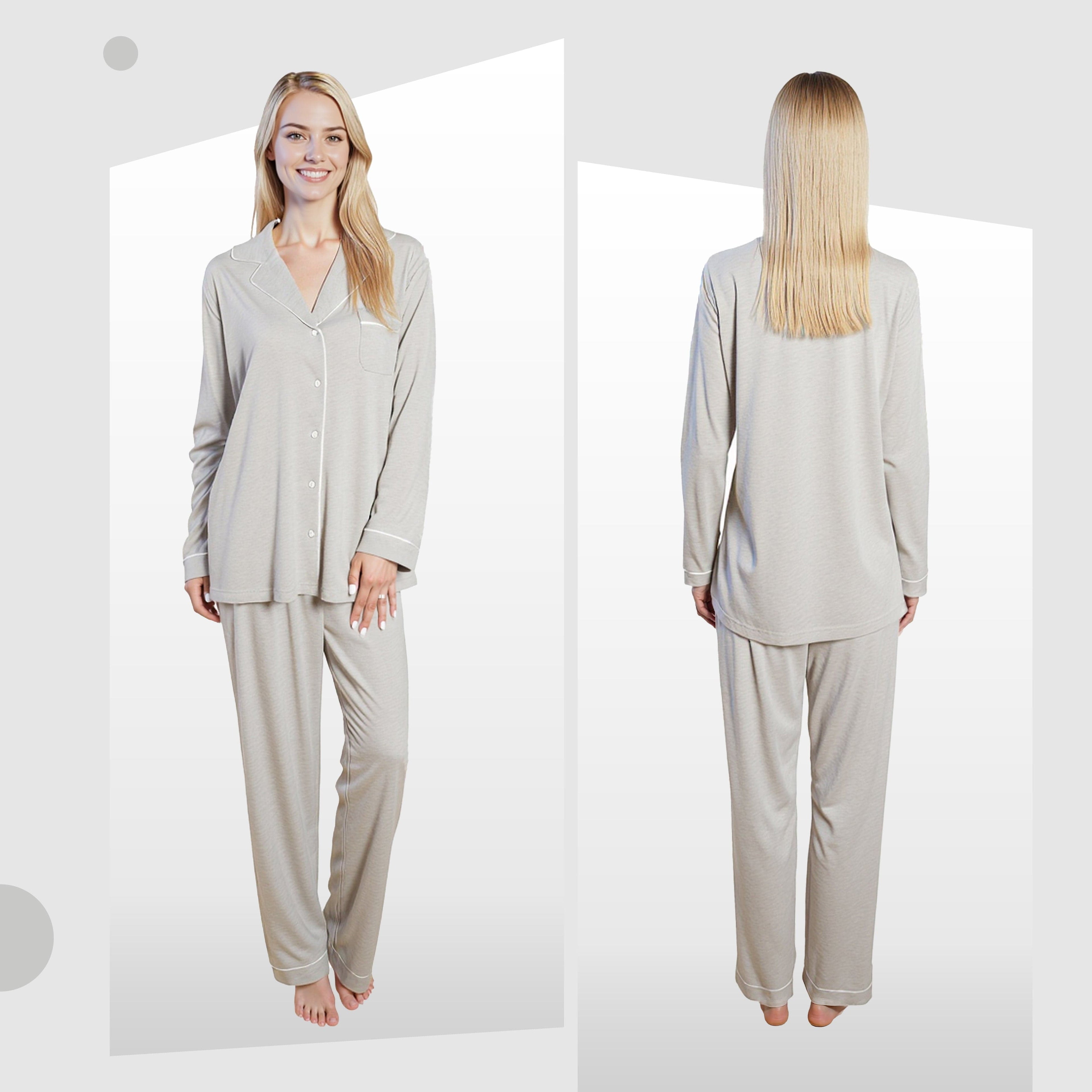 Women's Grey Pyjama Set Soft Touch Long Sleeve Button-Up Top & Bottoms Two-Piece Nightwear