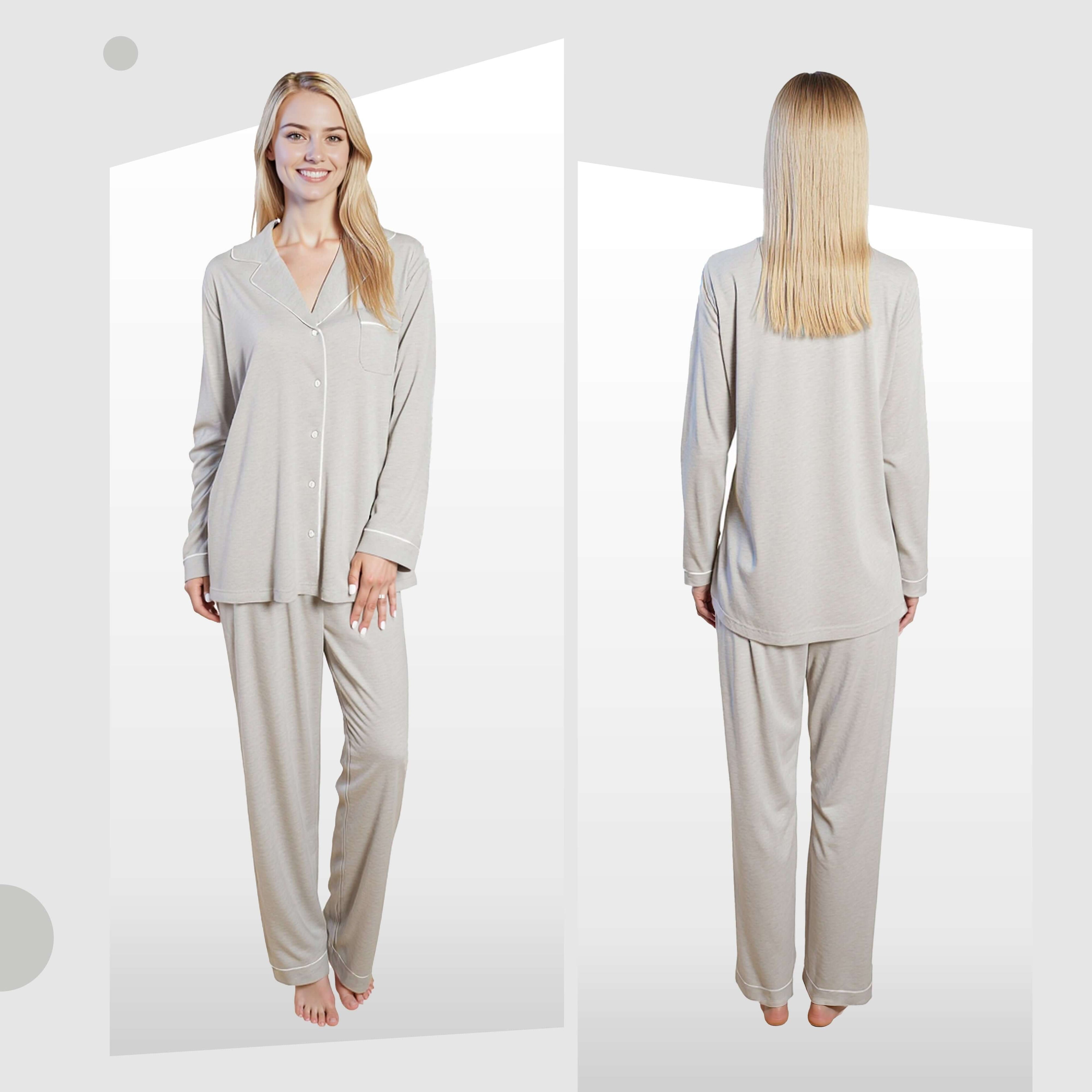 Women's Grey Pyjama Set Soft Touch Long Sleeve Button-Up Top & Bottoms Two-Piece Nightwear