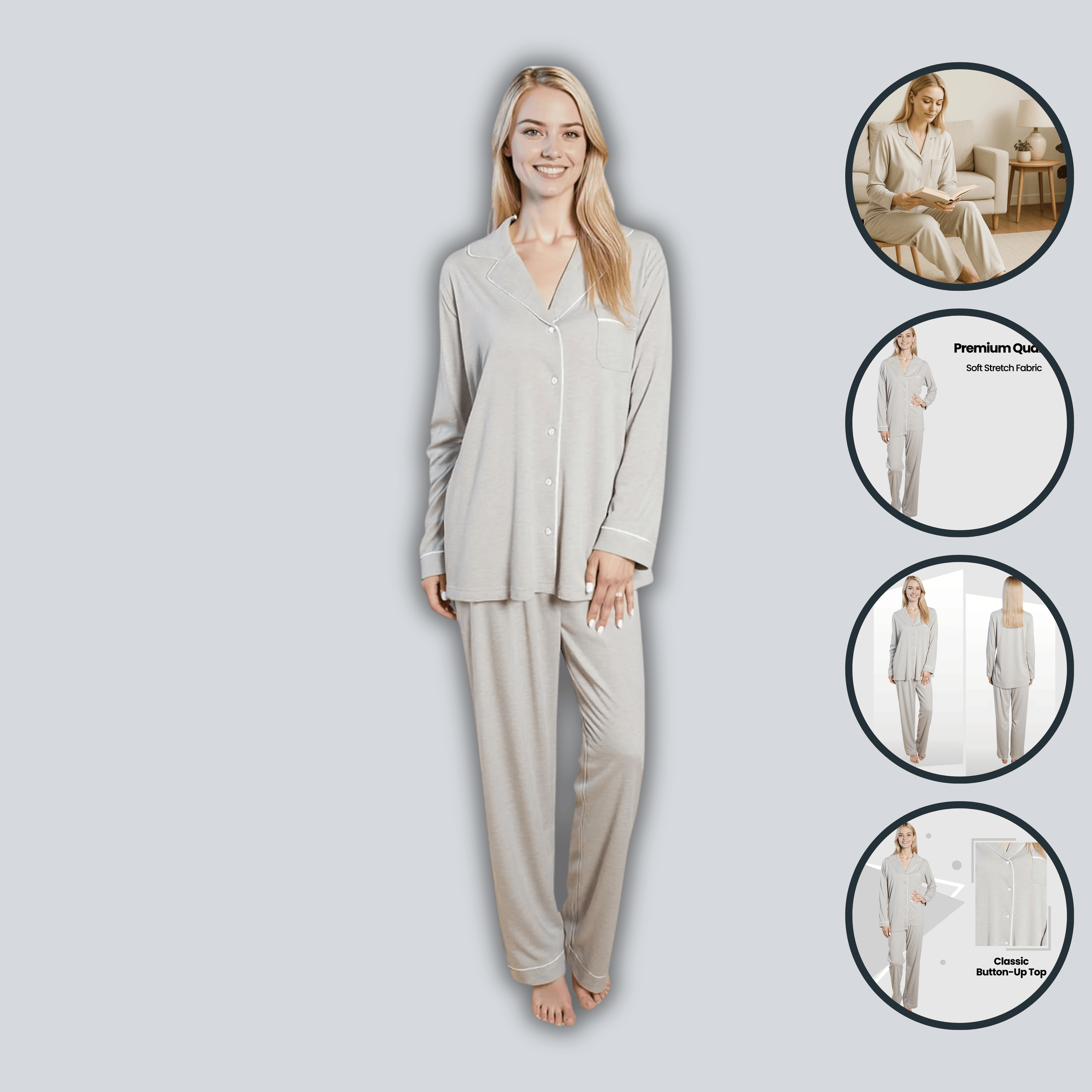 Women's Grey Pyjama Set Soft Touch Long Sleeve Button-Up Top & Bottoms Two-Piece Nightwear