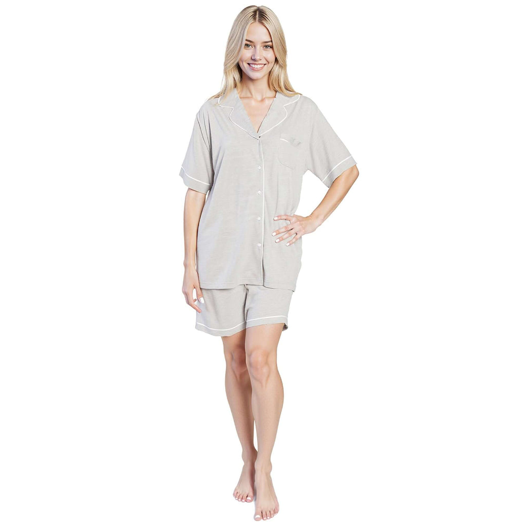 Women's Grey Short Pyjama Set Super Soft Sleepwear Nightwear Button Up Top and Shorts with Pockets PJs
